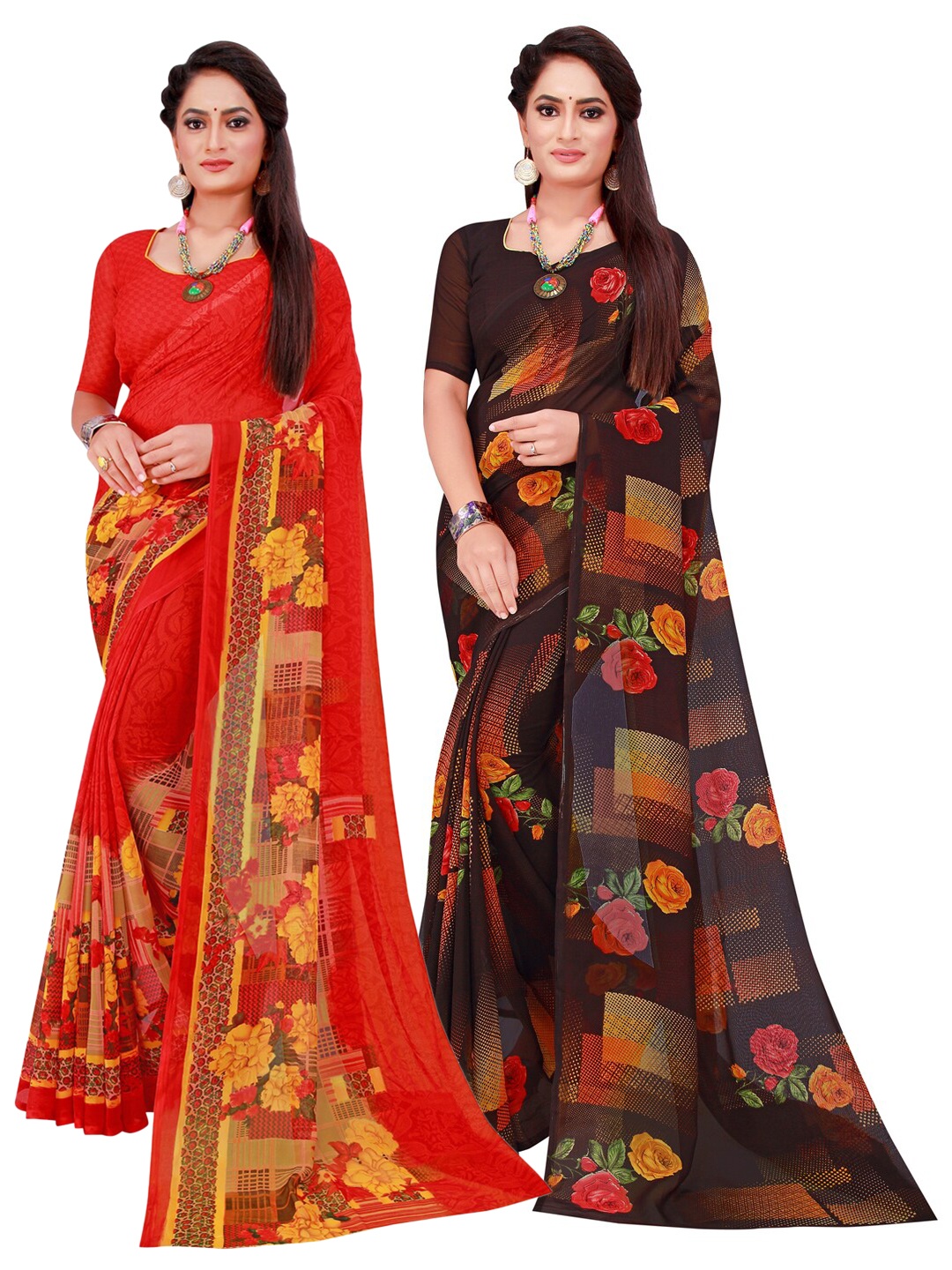 

SAADHVI Red & Brown Set Of 2 Floral Pure Georgette Saree