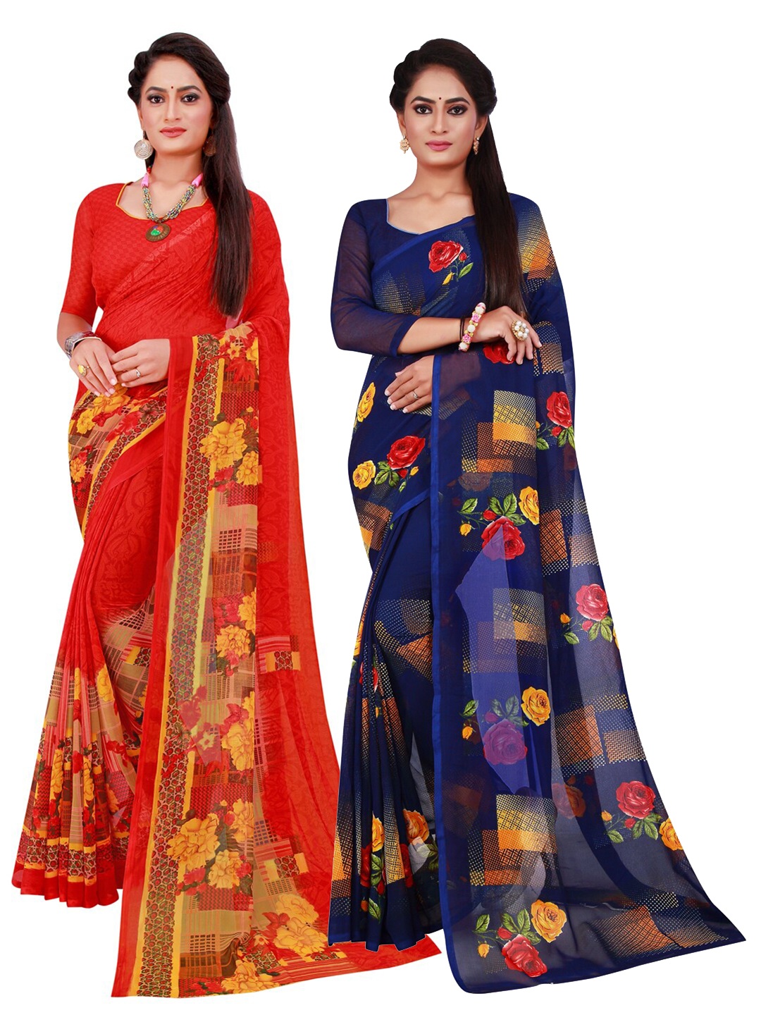 

SAADHVI Red & Navy Blue Set Of 2 Pure Georgette Saree
