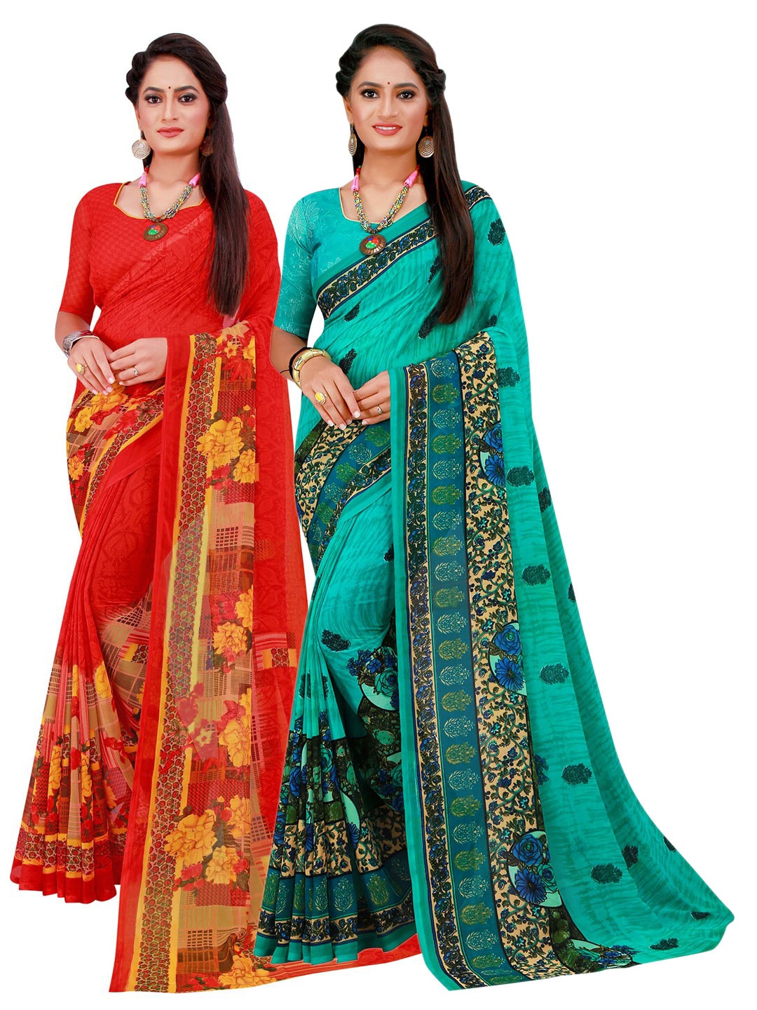 

SAADHVI Red & Turquoise Blue Set Of 2 Floral Pure Georgette Saree