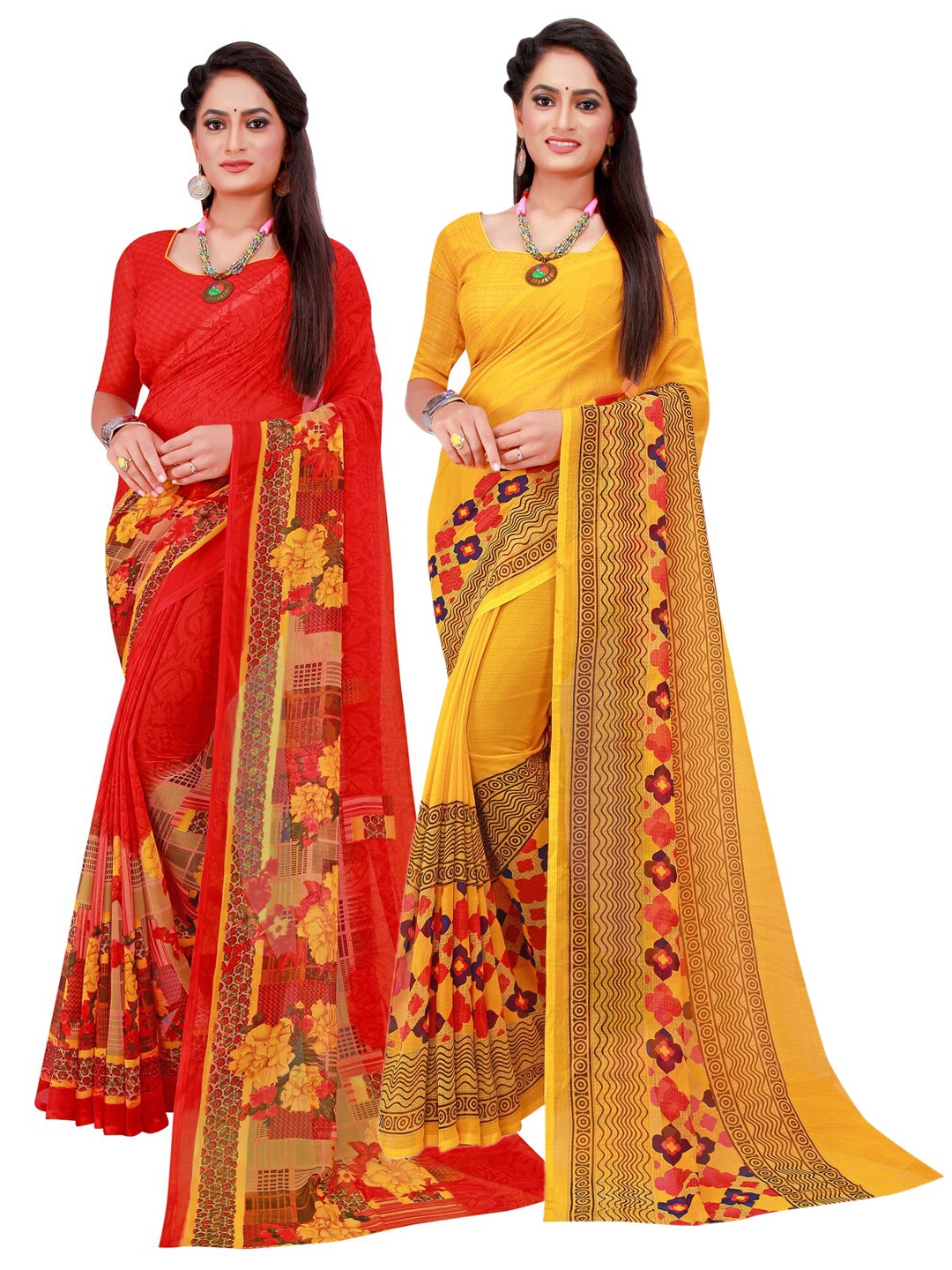 

SAADHVI Red & Mustard Set Of 2 Pure Georgette Saree