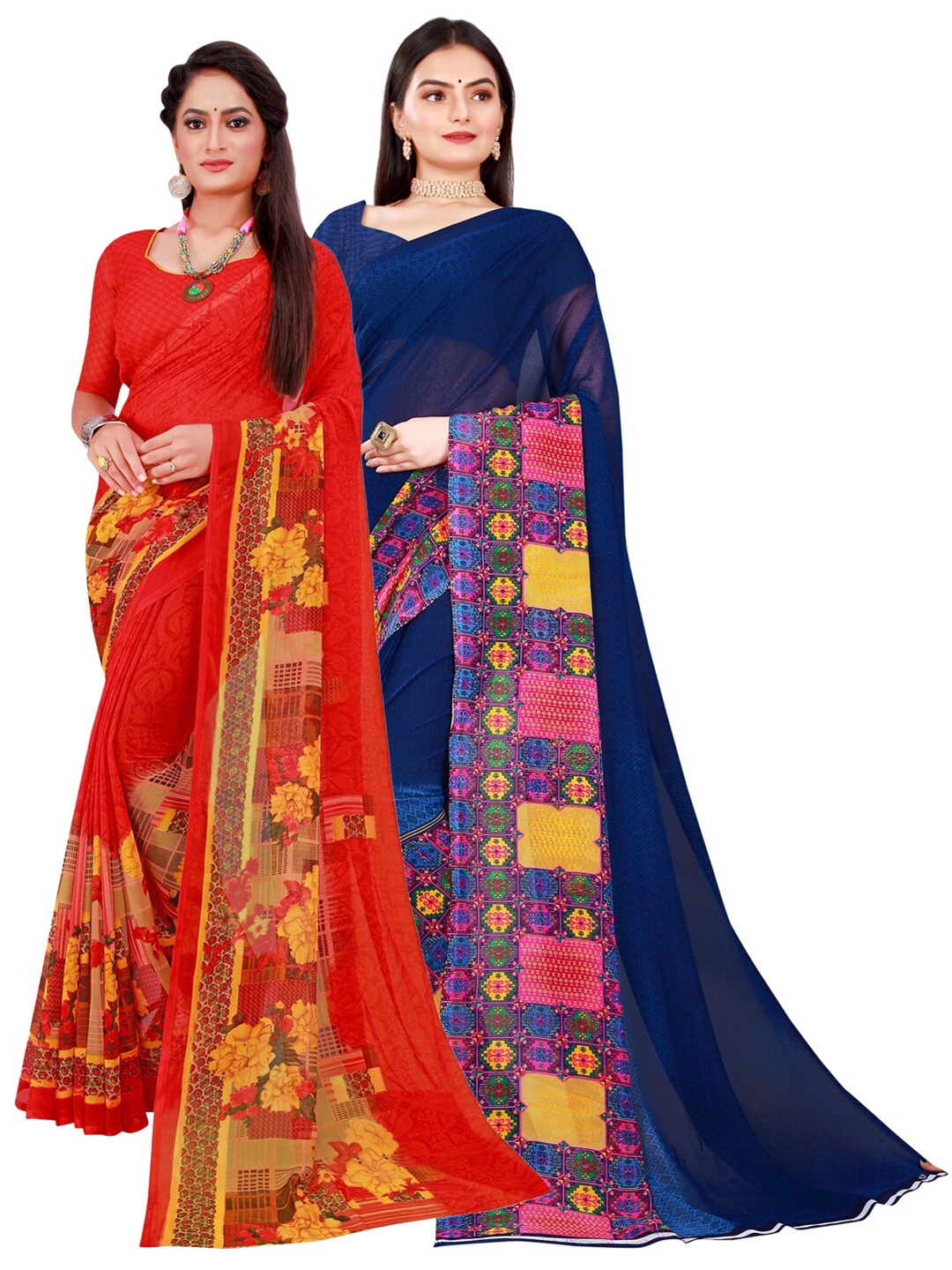 

SAADHVI Pack Of 2 Pure Georgette Sarees, Red