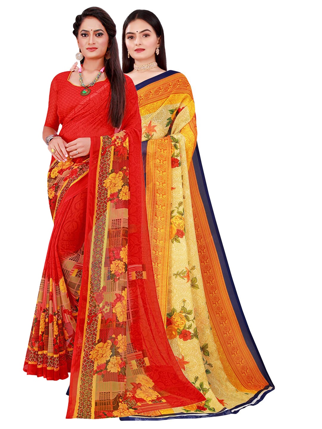 

SAADHVI Beige & Red Set Of 2 Floral Pure Georgette Saree