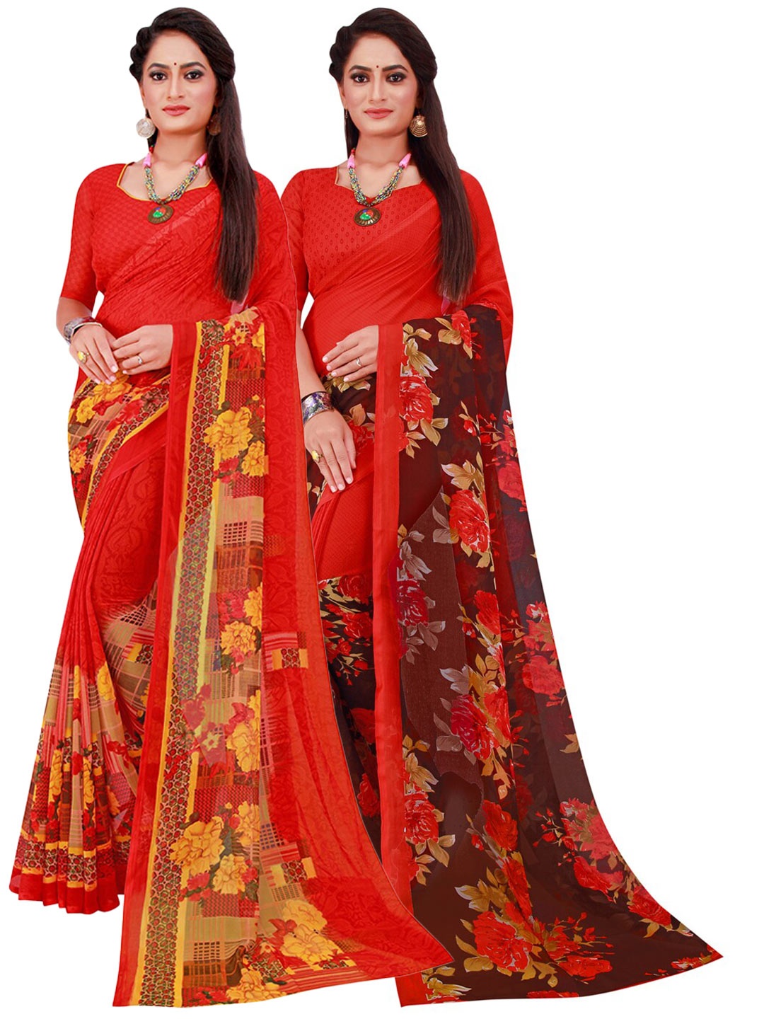 

SAADHVI Red & Yellow Set Of 2 Floral Pure Georgette Saree