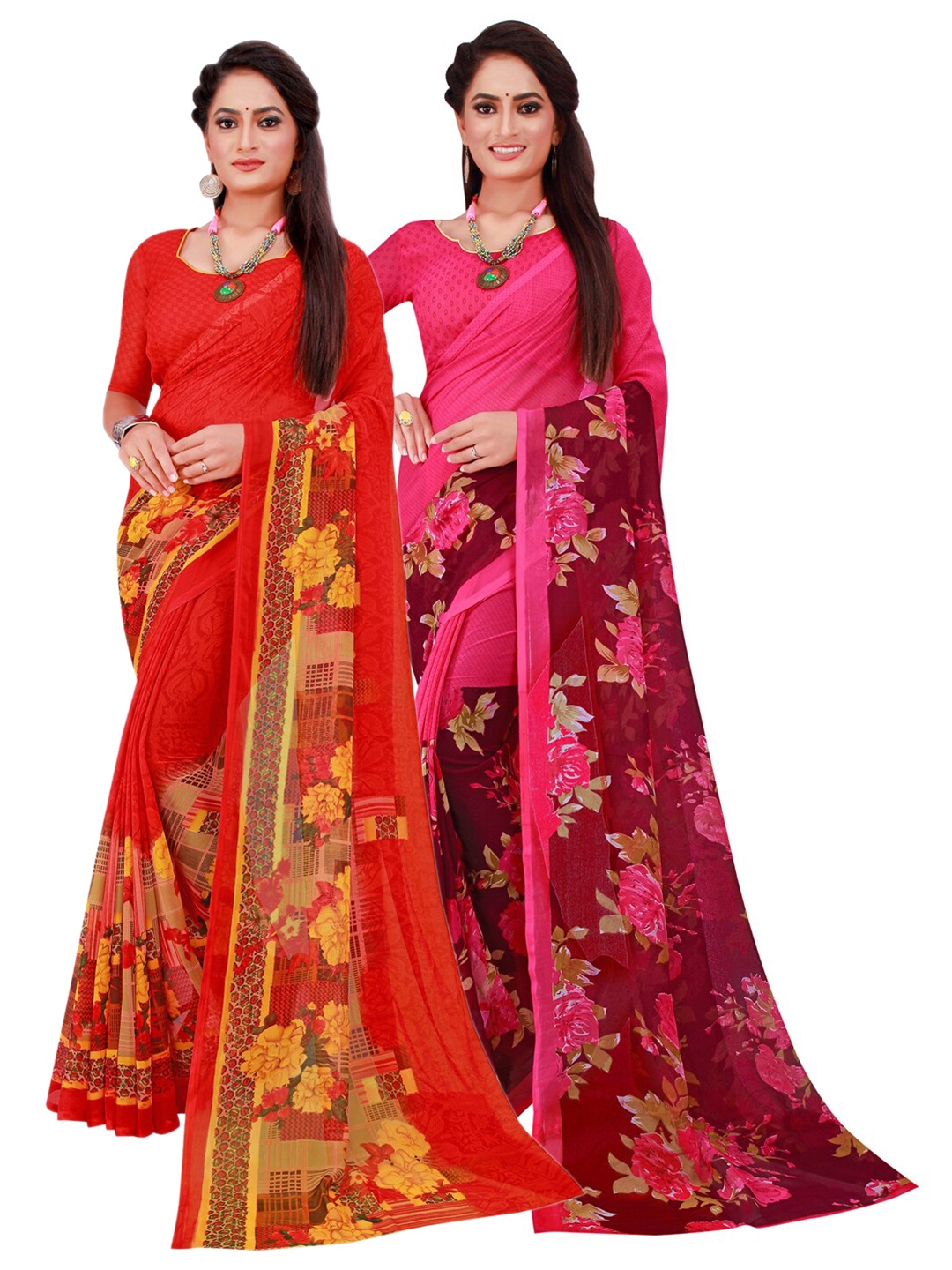 

SAADHVI Red & Orange Set Of 2 Pure Georgette Saree