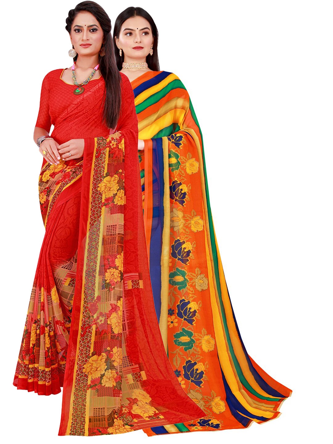 

SAADHVI Yellow & Pink Set Of 2 Floral Pure Georgette Saree