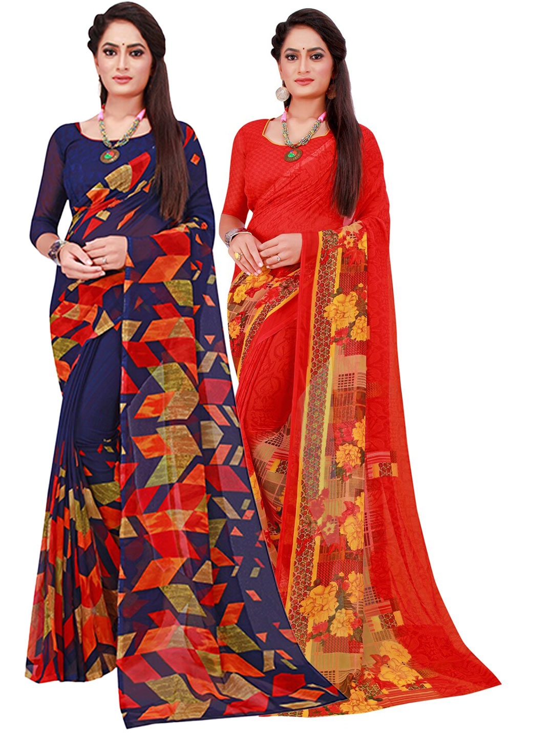 

SAADHVI Navy Blue & Pink Set Of 2 Pure Georgette Saree