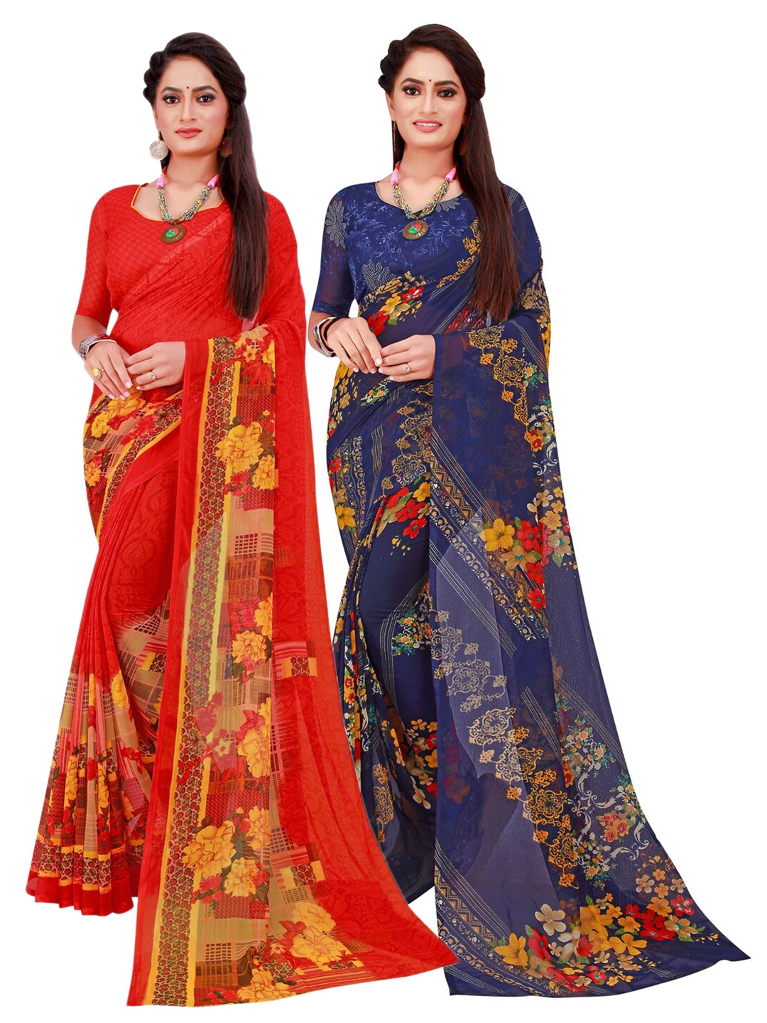 

SAADHVI Red & Navy Blue Set Of 2 Pure Georgette Saree