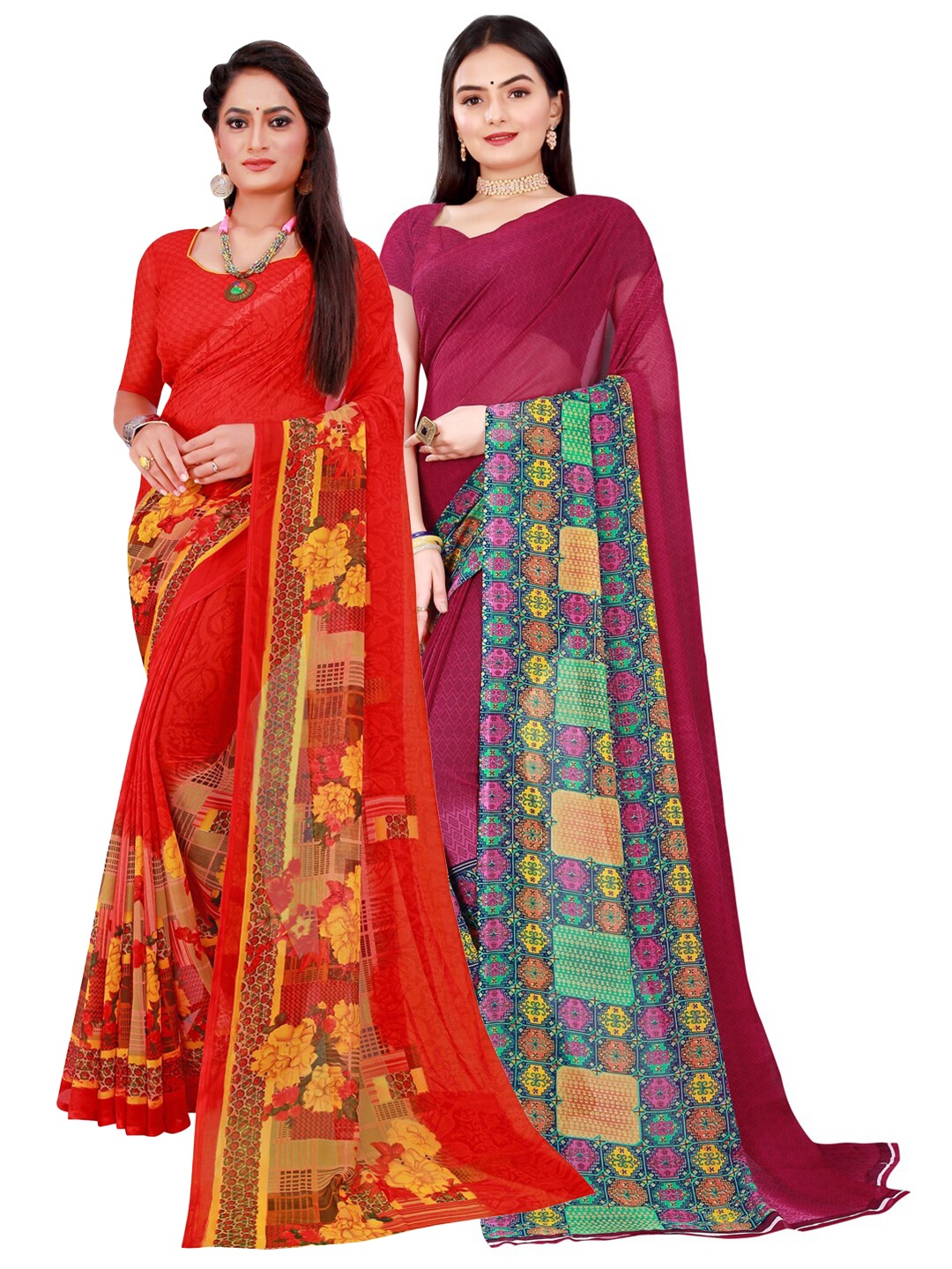 

SAADHVI Pack Of 2 Pure Georgette Sarees, Red