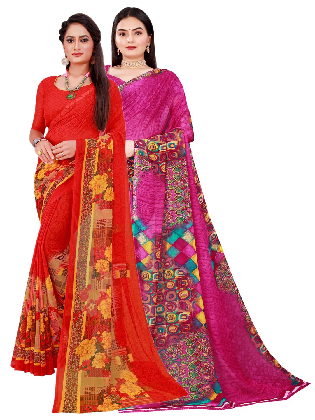 

SAADHVI Magenta & Red Set Of 2 Pure Georgette Saree