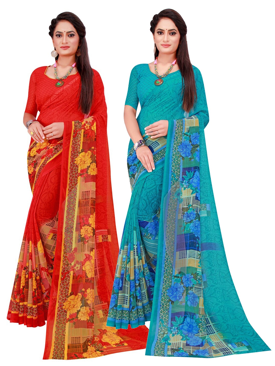 

SAADHVI Turquoise Blue & Red Set Of 2 Floral Pure Georgette Saree