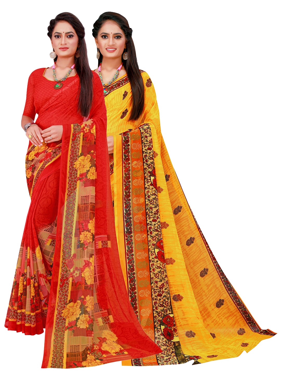 

SAADHVI Red & Yellow Set Of 2 Floral Pure Georgette Saree