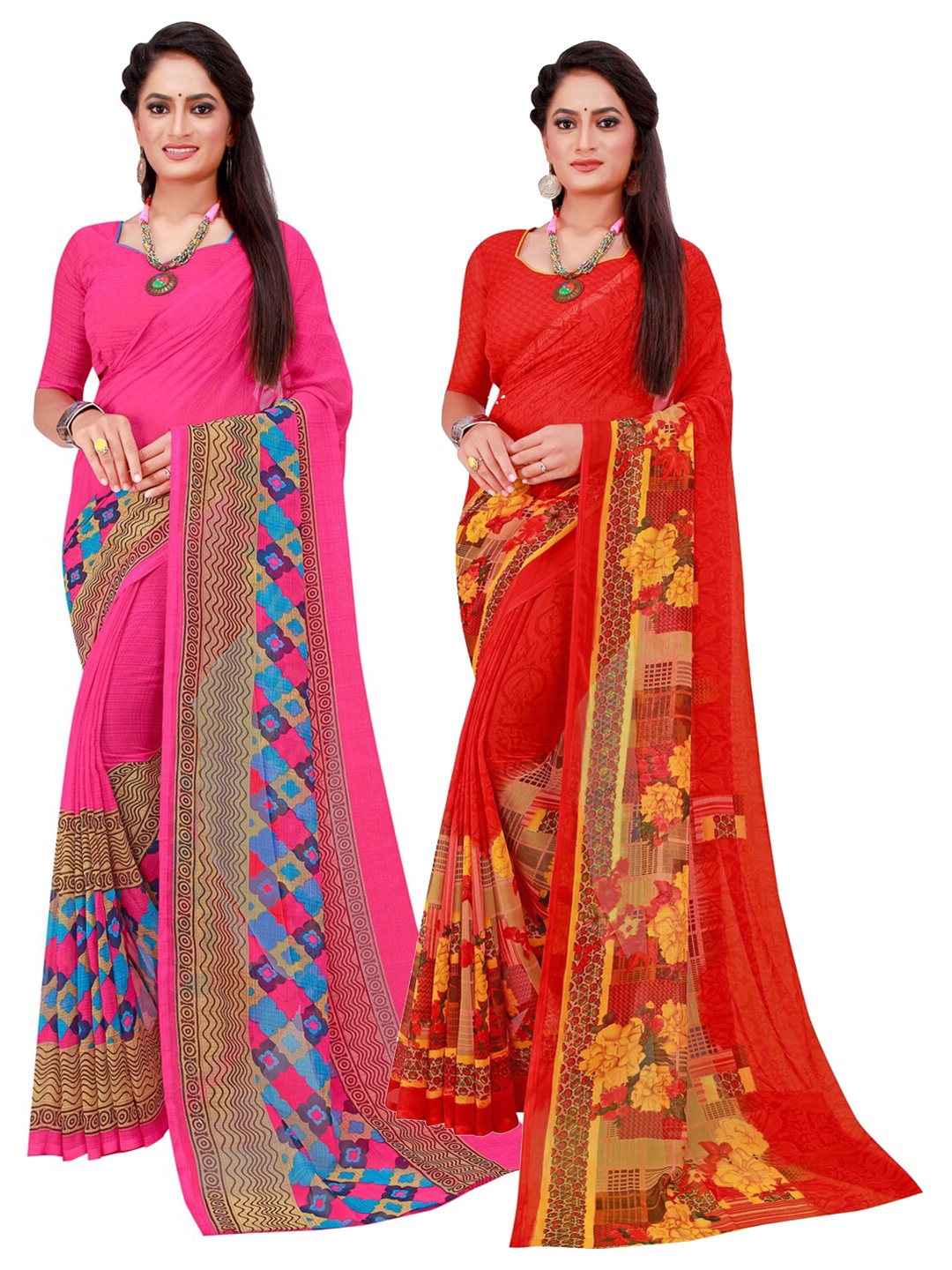 

SAADHVI Pack Of 2 Pure Georgette Sarees, Magenta