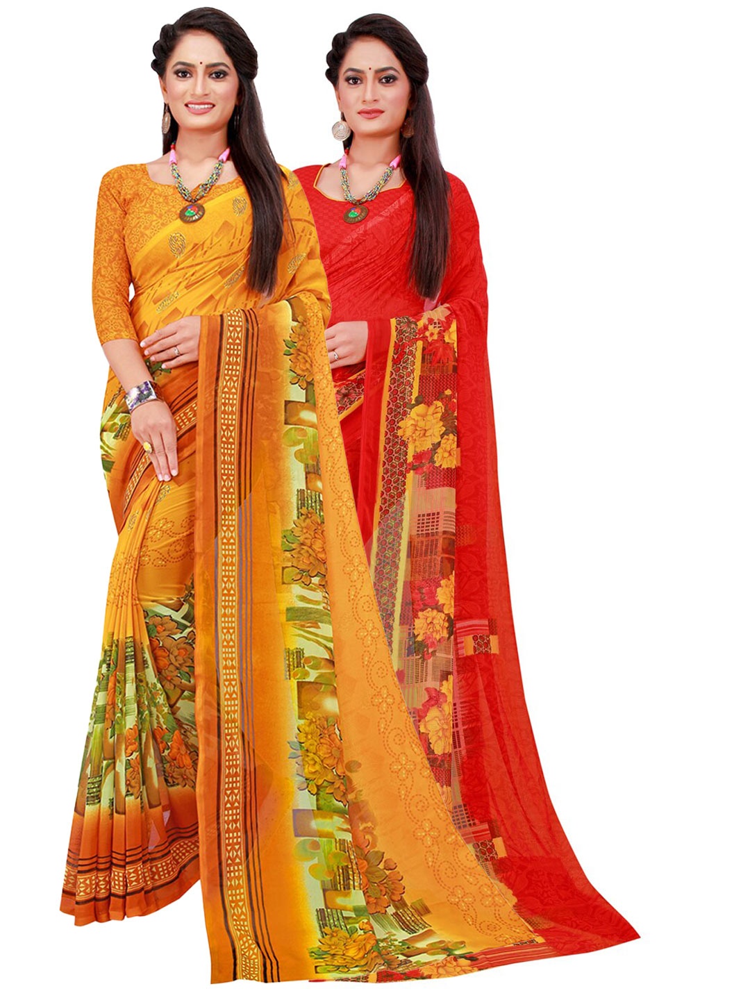SAADHVI Red & Magenta Set Of 2 Pure Georgette Saree