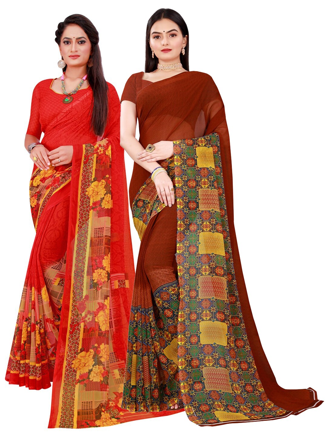 

SAADHVI Pack Of 2 Pure Georgette Sarees, Red