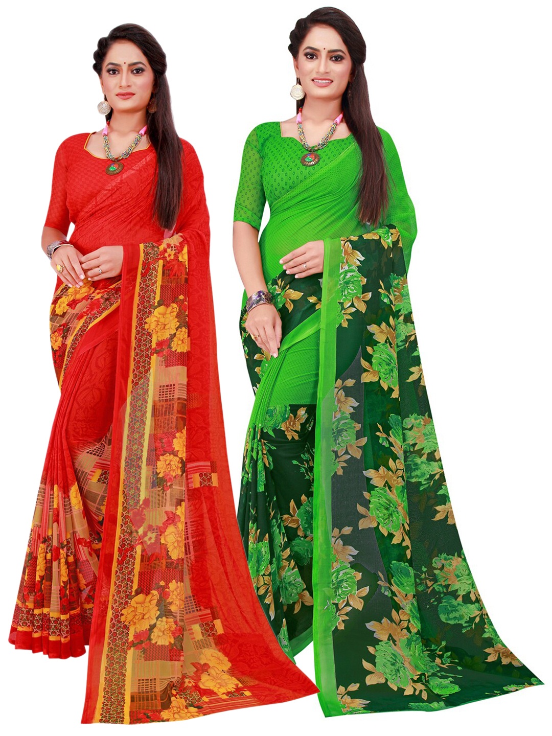 

SAADHVI Red & Green Set Of 2 Floral Pure Georgette Saree