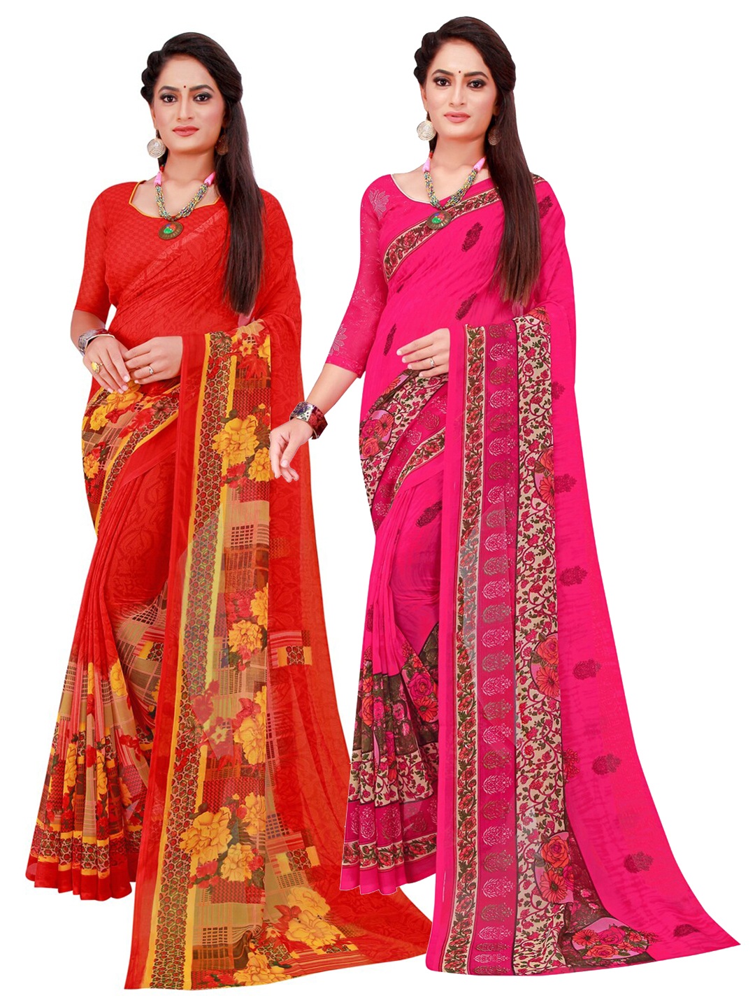 

SAADHVI Pack Of 2 Pure Georgette Sarees, Red