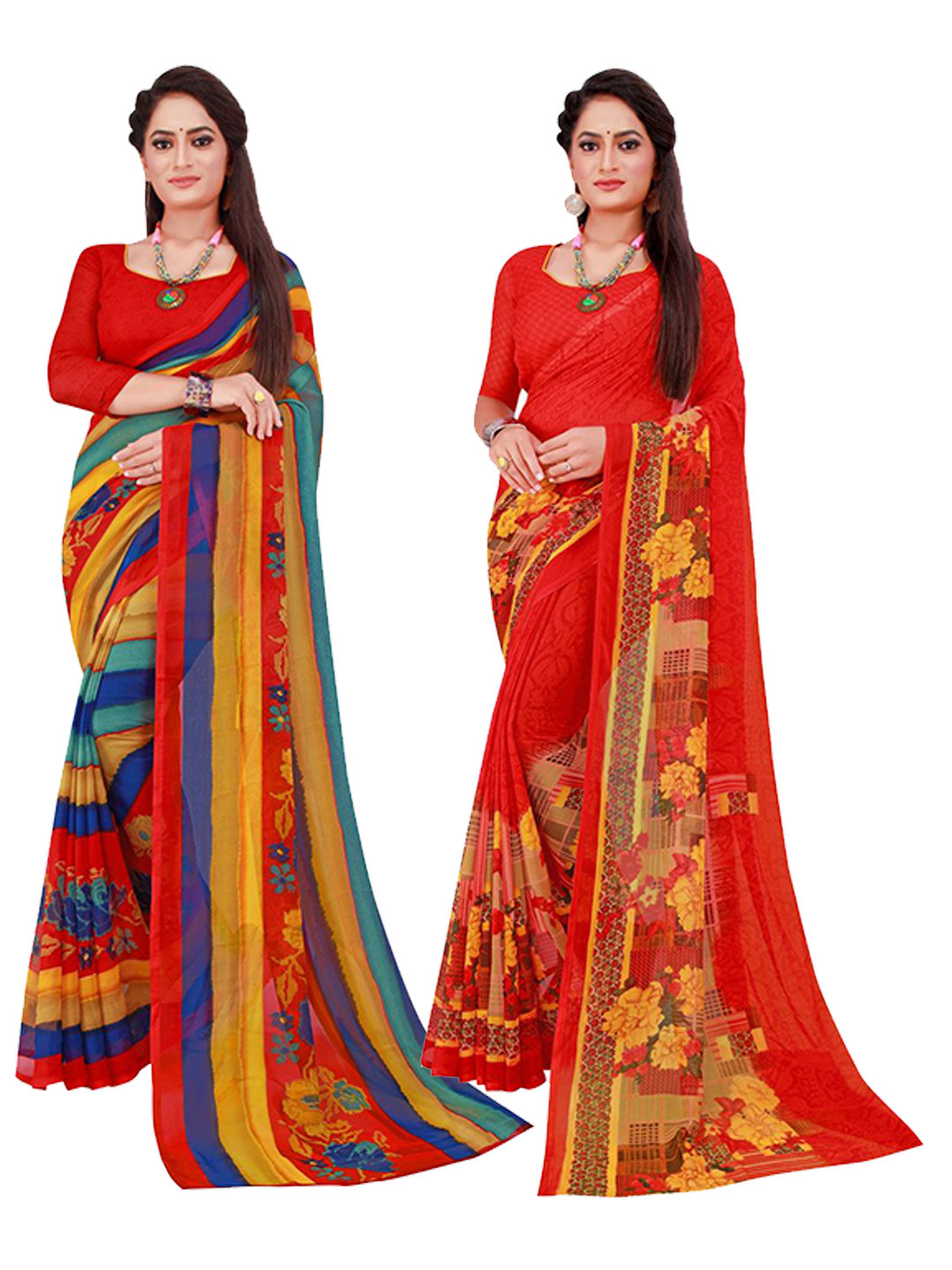 

SAADHVI Pack Of 2 Pure Georgette Sarees, Red