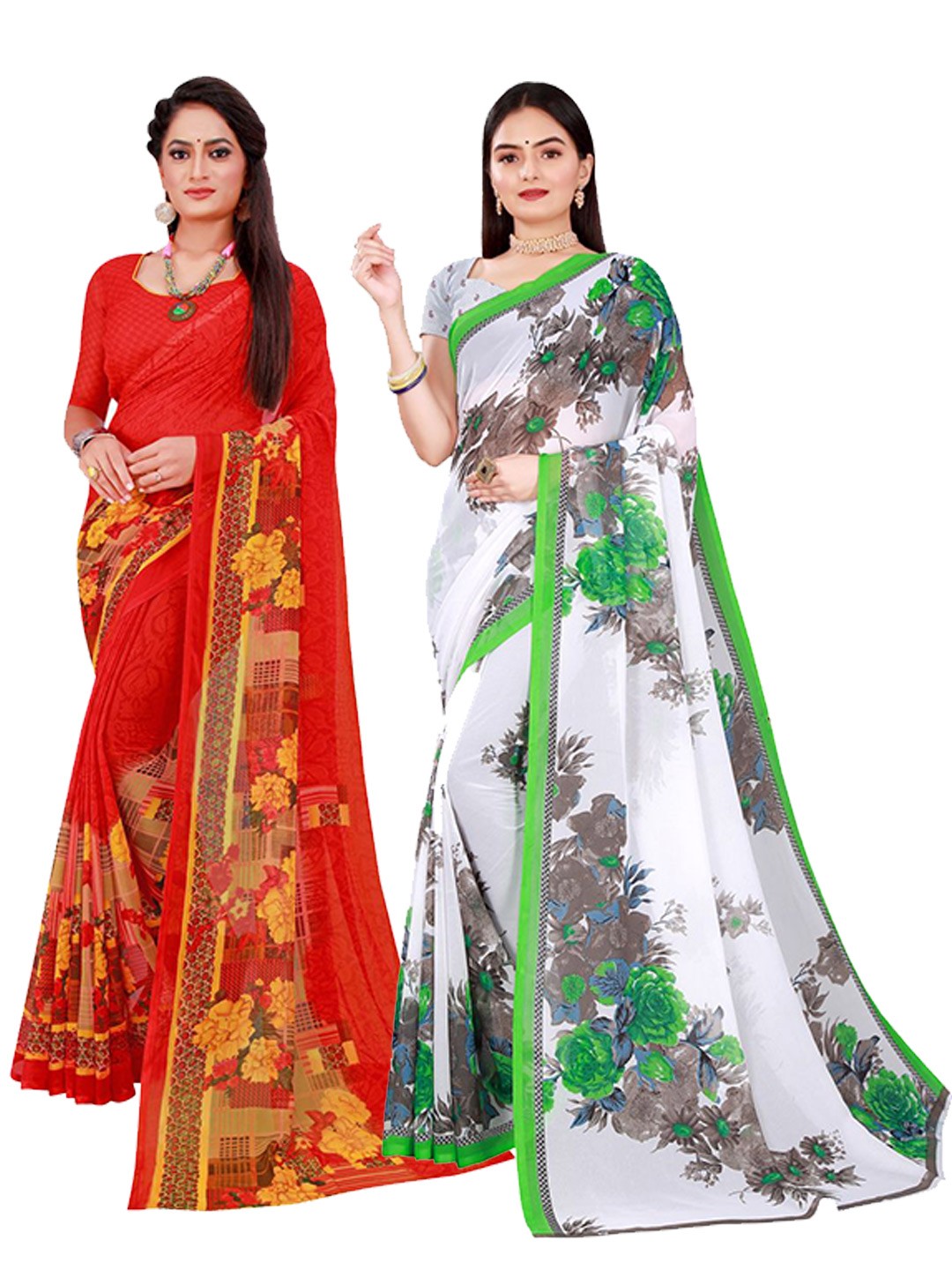 

SAADHVI Red & White Set Of 2 Pure Georgette Saree