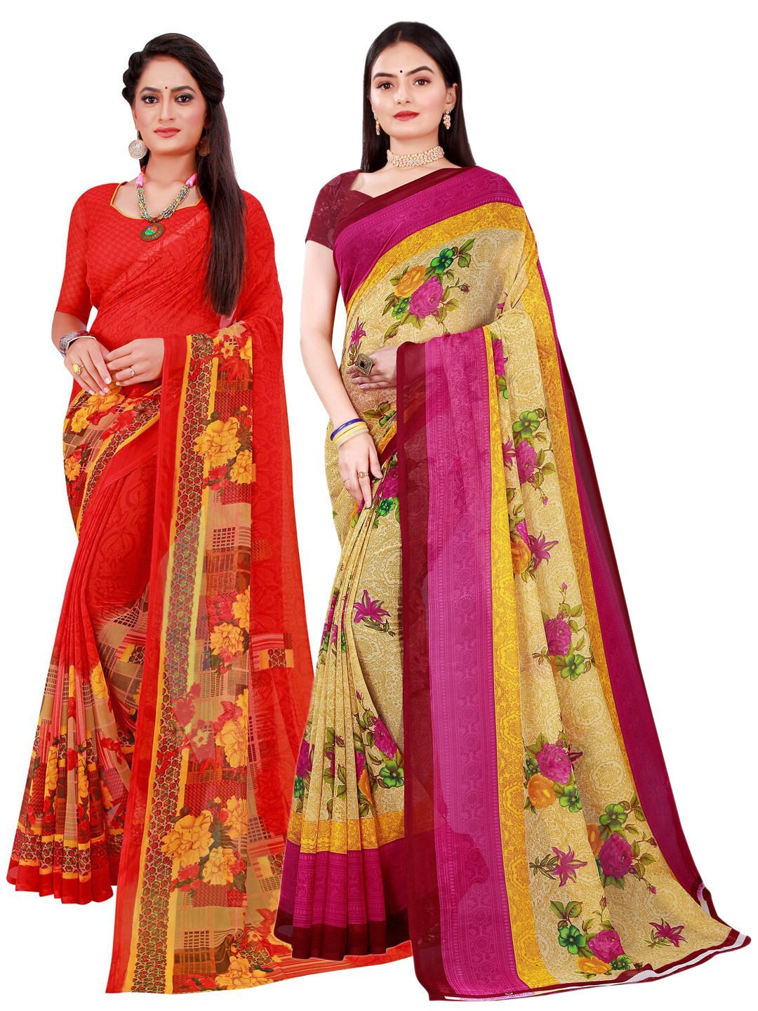 

SAADHVI Beige & Red Set Of 2 Pure Georgette Saree