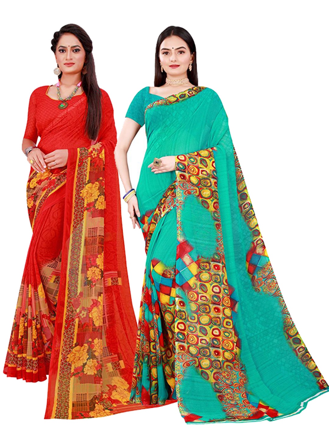

SAADHVI Red & Green Set Of 2 Pure Georgette Saree