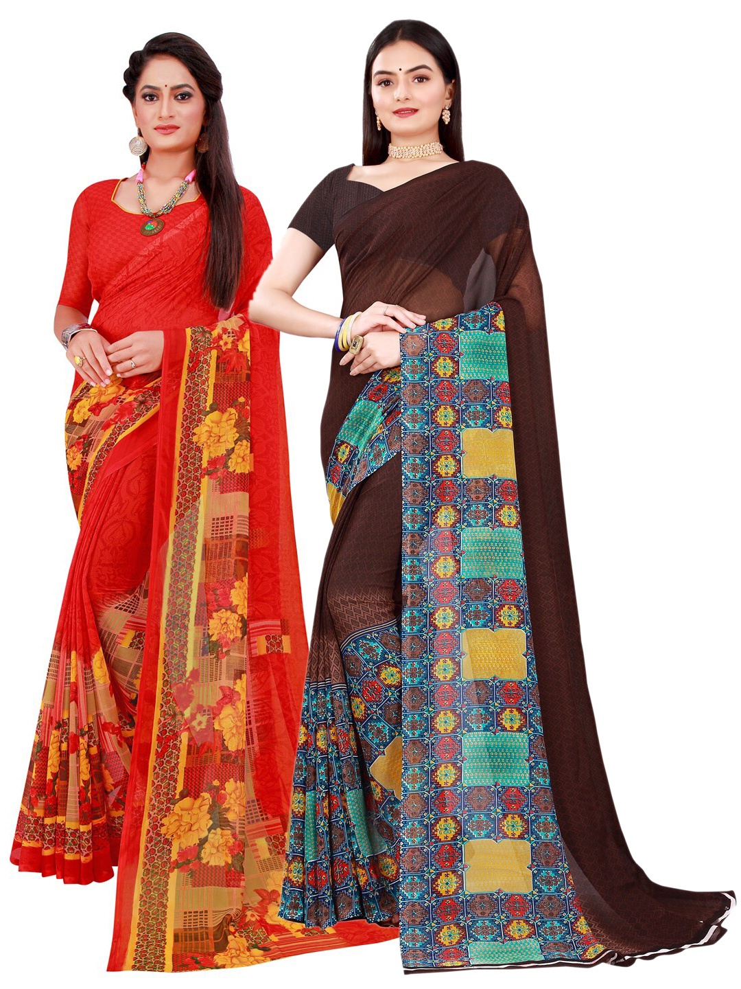 

SAADHVI Pack Of 2 Pure Georgette Sarees, Brown