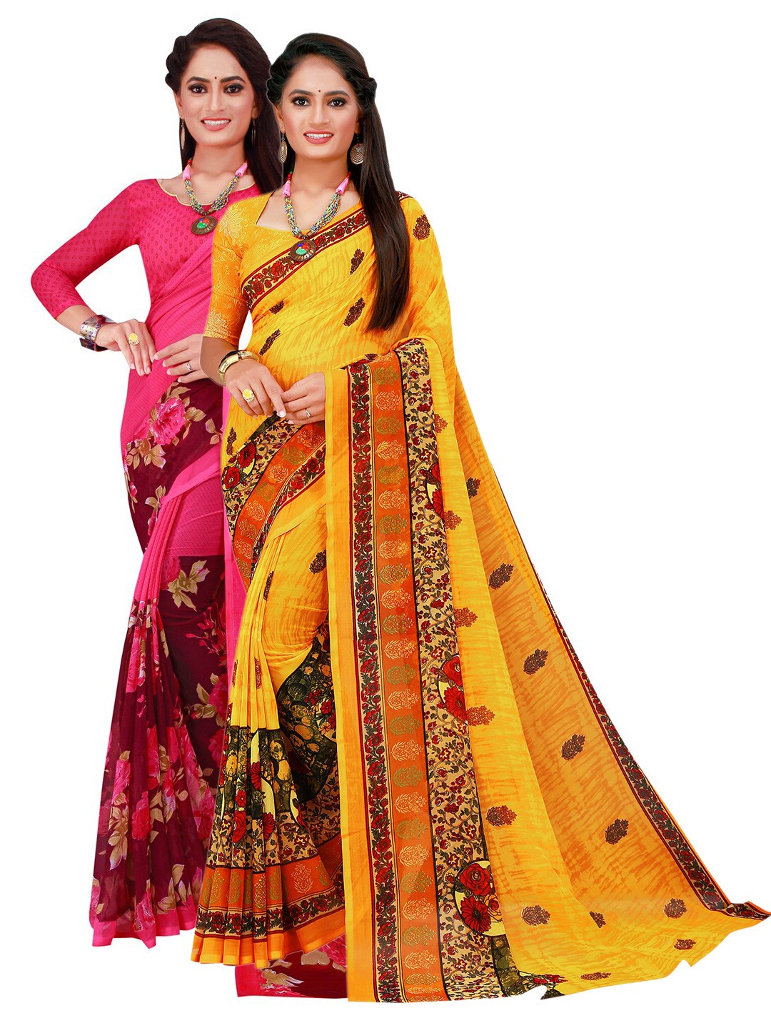 

SAADHVI Magenta & Yellow Set Of 2 Pure Georgette Saree