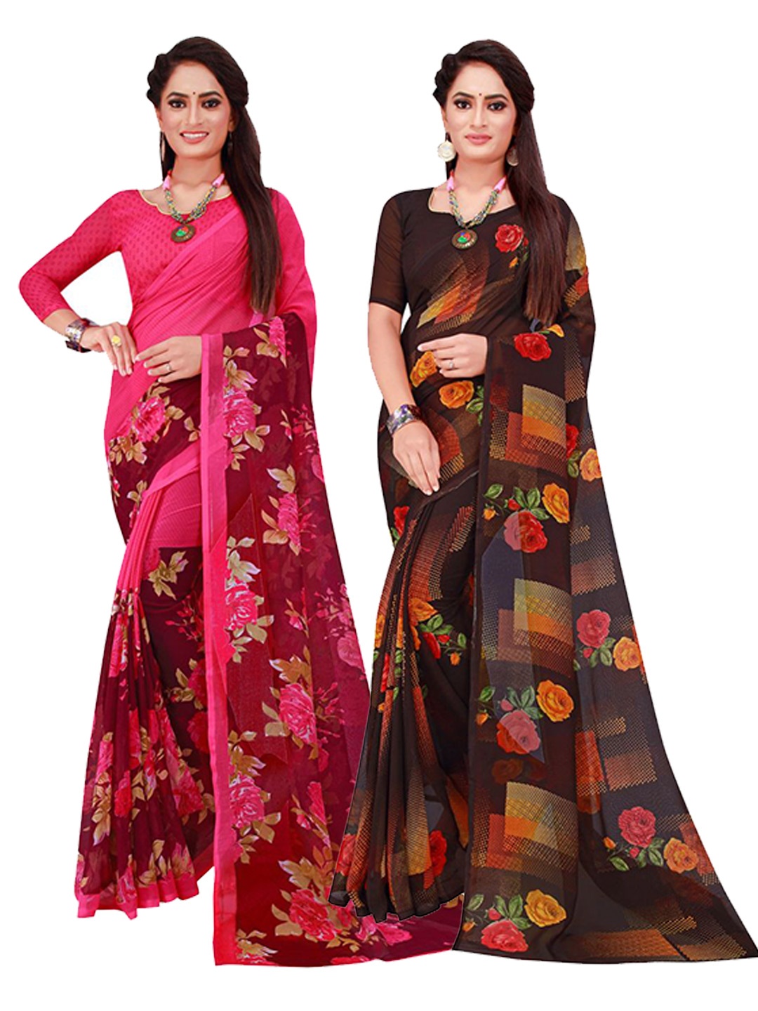 

SAADHVI Pack Of 2 Pure Georgette Sarees, Magenta