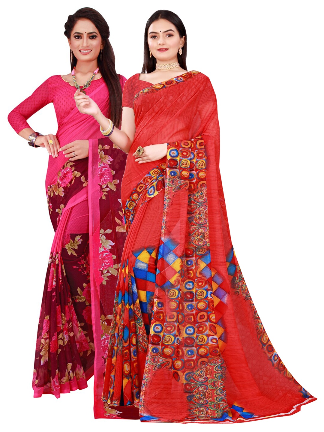 

SAADHVI Pack of 2 Red & Magenta Floral Printed Pure Georgette Saree