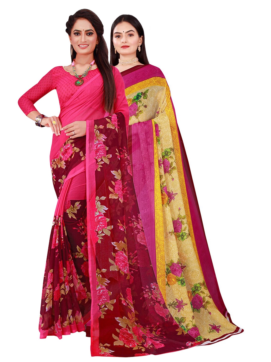 

SAADHVI Pack Of 2 Beige & Magenta Pure Georgette Saree