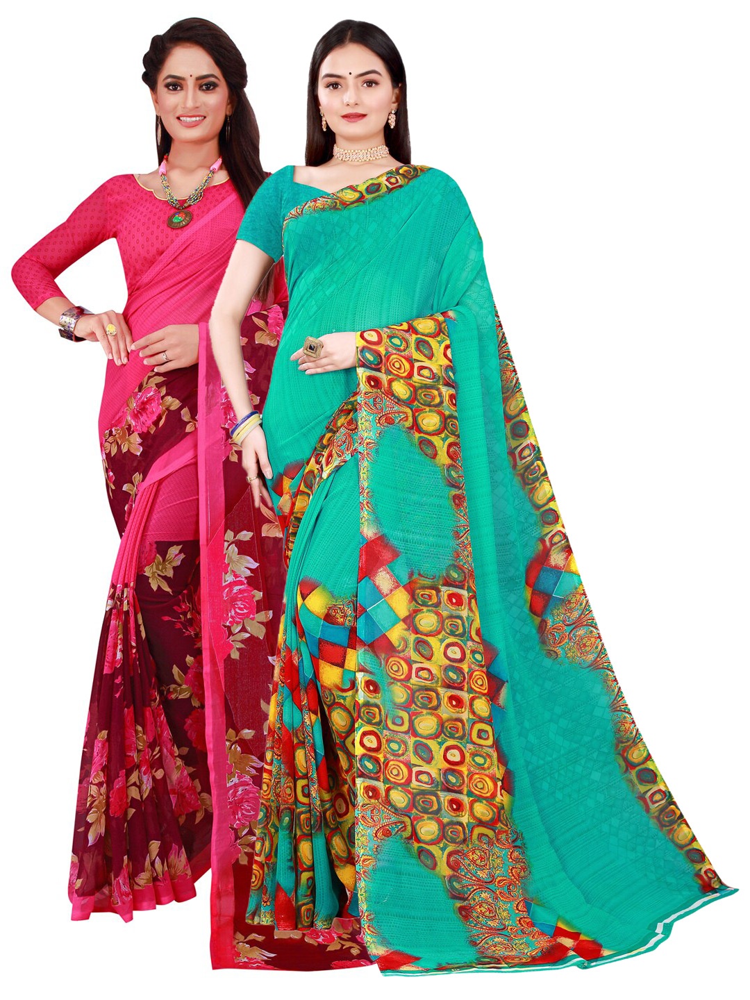 

SAADHVI Set Of 2 Magenta & Green Floral Pure Georgette Saree
