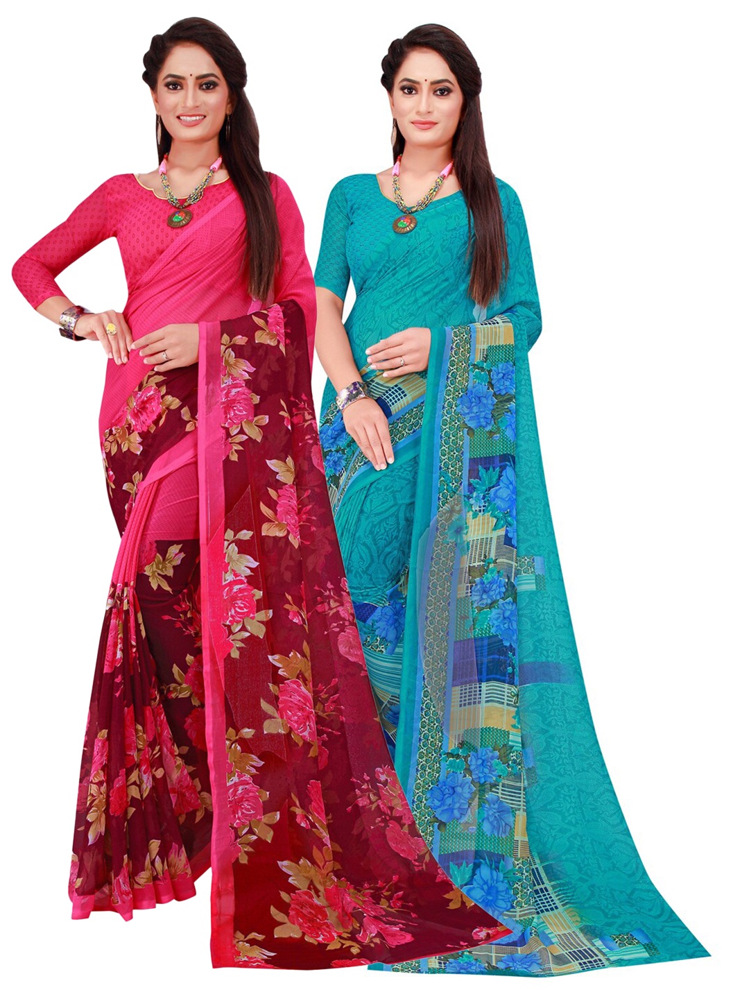 

SAADHVI Pack of 2 Turquoise Blue & Pink Floral Pure Georgette Sarees