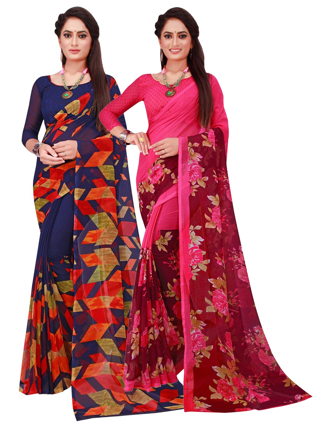 

SAADHVI Navy Blue & Magenta Set Of 2 Floral Pure Georgette Saree