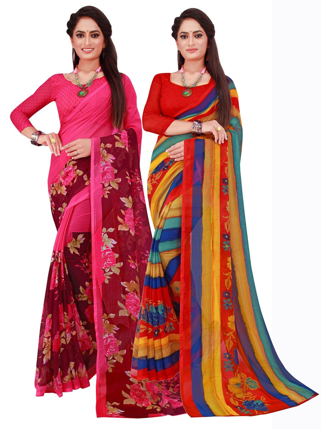 

SAADHVI Pack Of 2 Magenta & Blue Floral Pure Georgette Saree