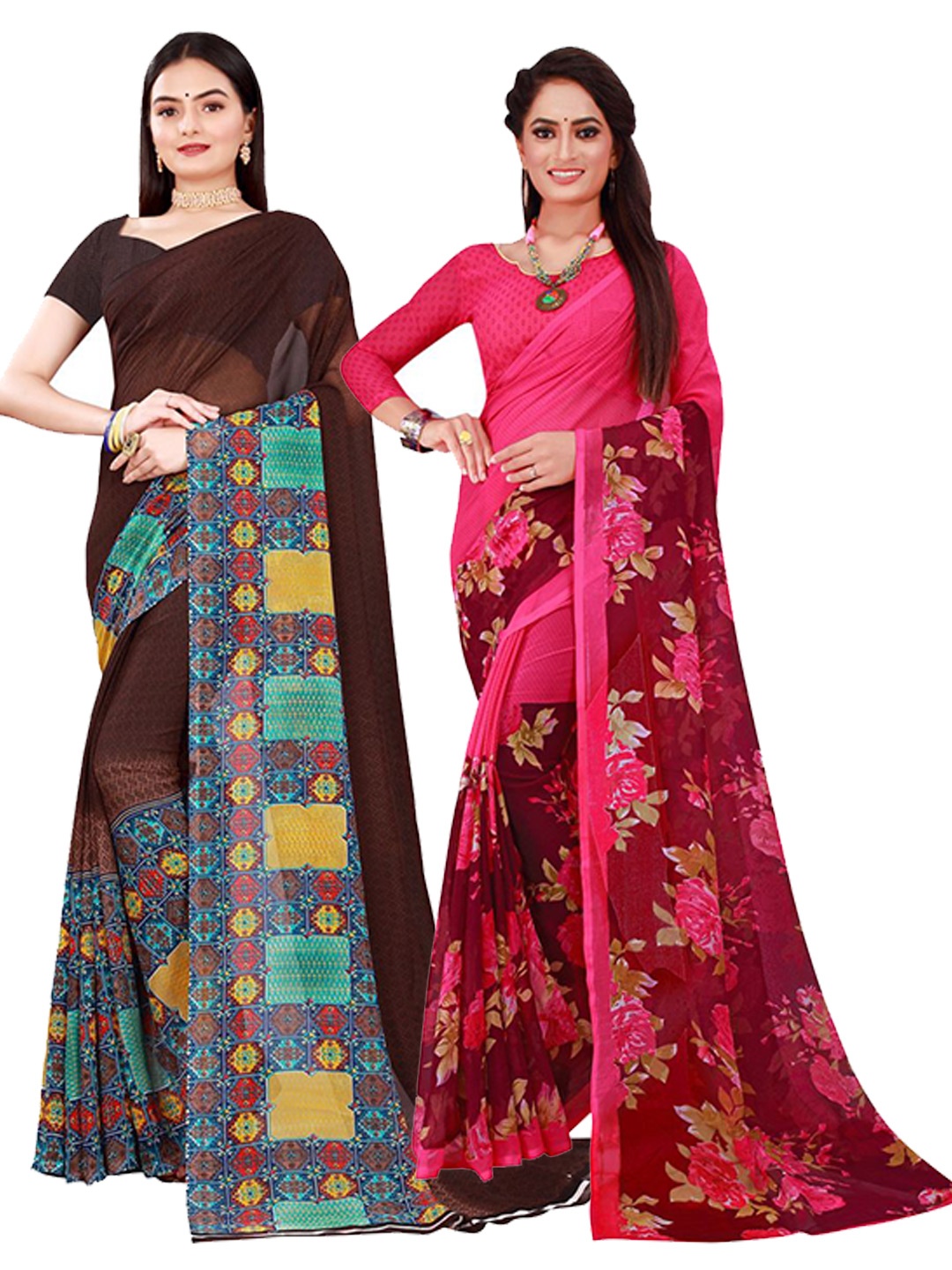 

SAADHVI Set Of 2 Brown & Pink Floral Pure Georgette Saree