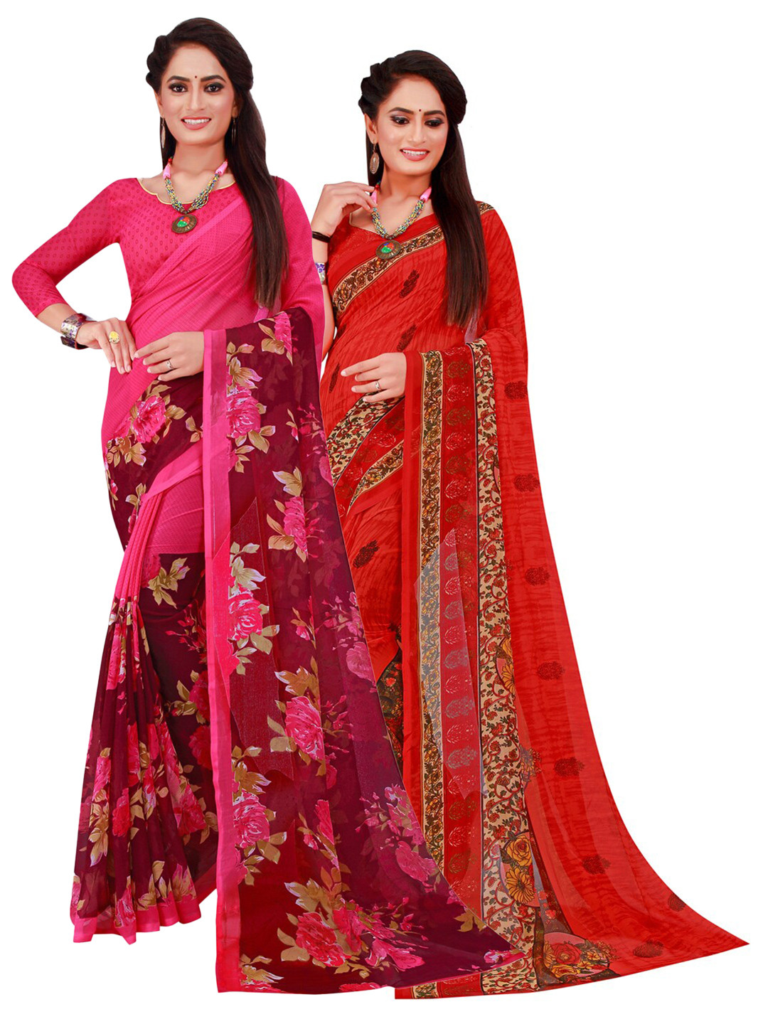 

SAADHVI Pack of 2 Magenta & Red Floral Pure Georgette Sarees