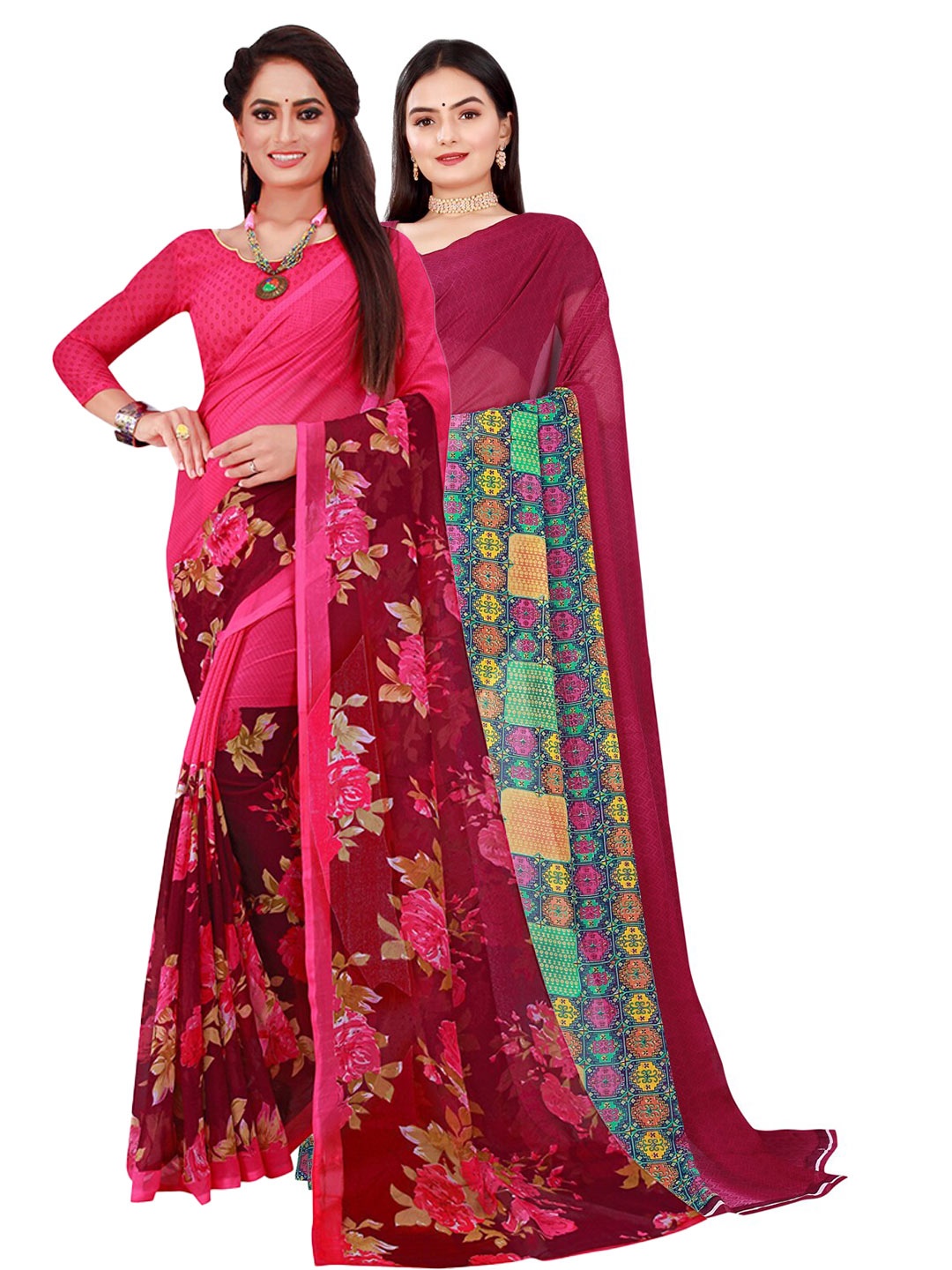 

SAADHVI Magenta & Maroon Floral Printed Pure Georgette Saree Pack Of 2