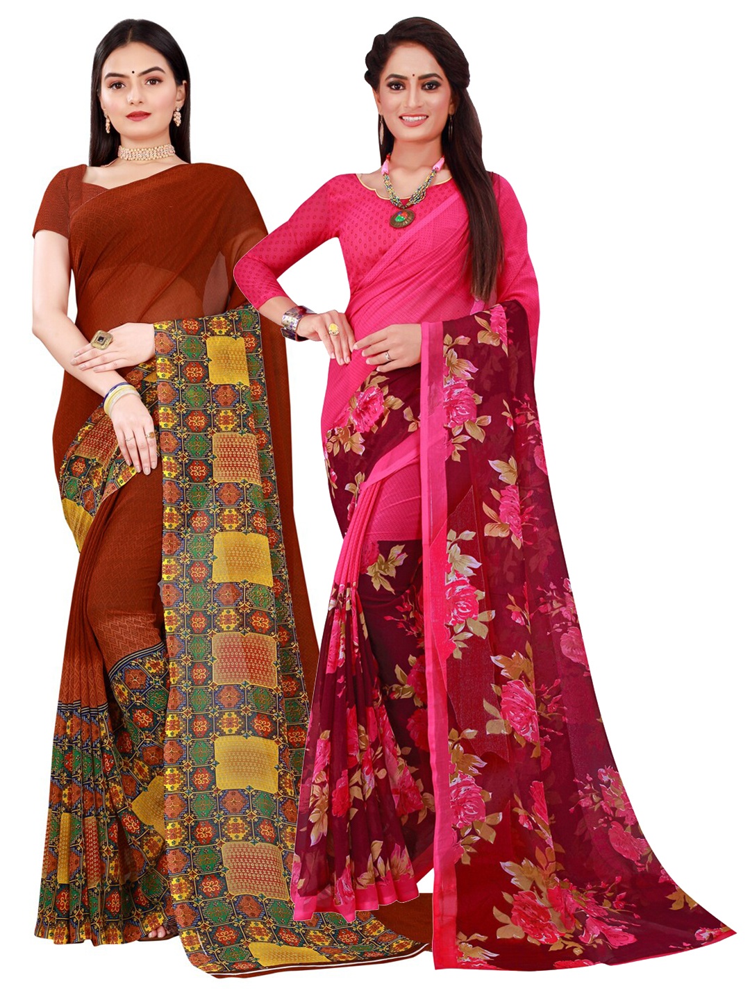 

SAADHVI Magenta & Maroon Printed Pure Georgette Saree Pack Of 2