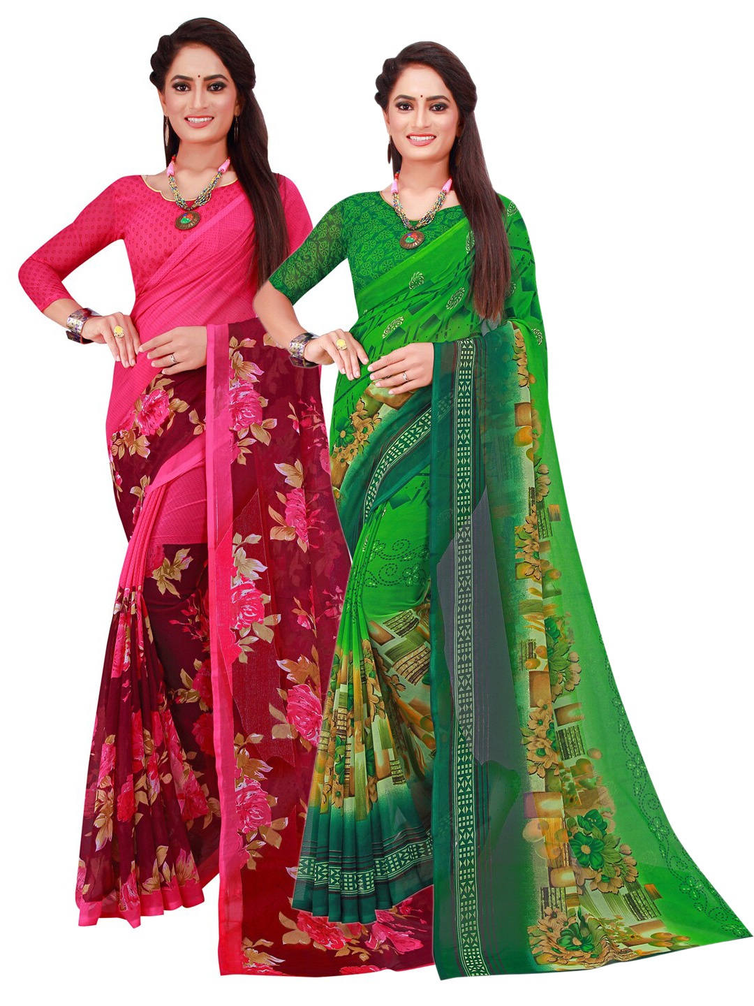 SAADHVI Magenta & Green Set Of 2 Floral Pure Georgette Saree