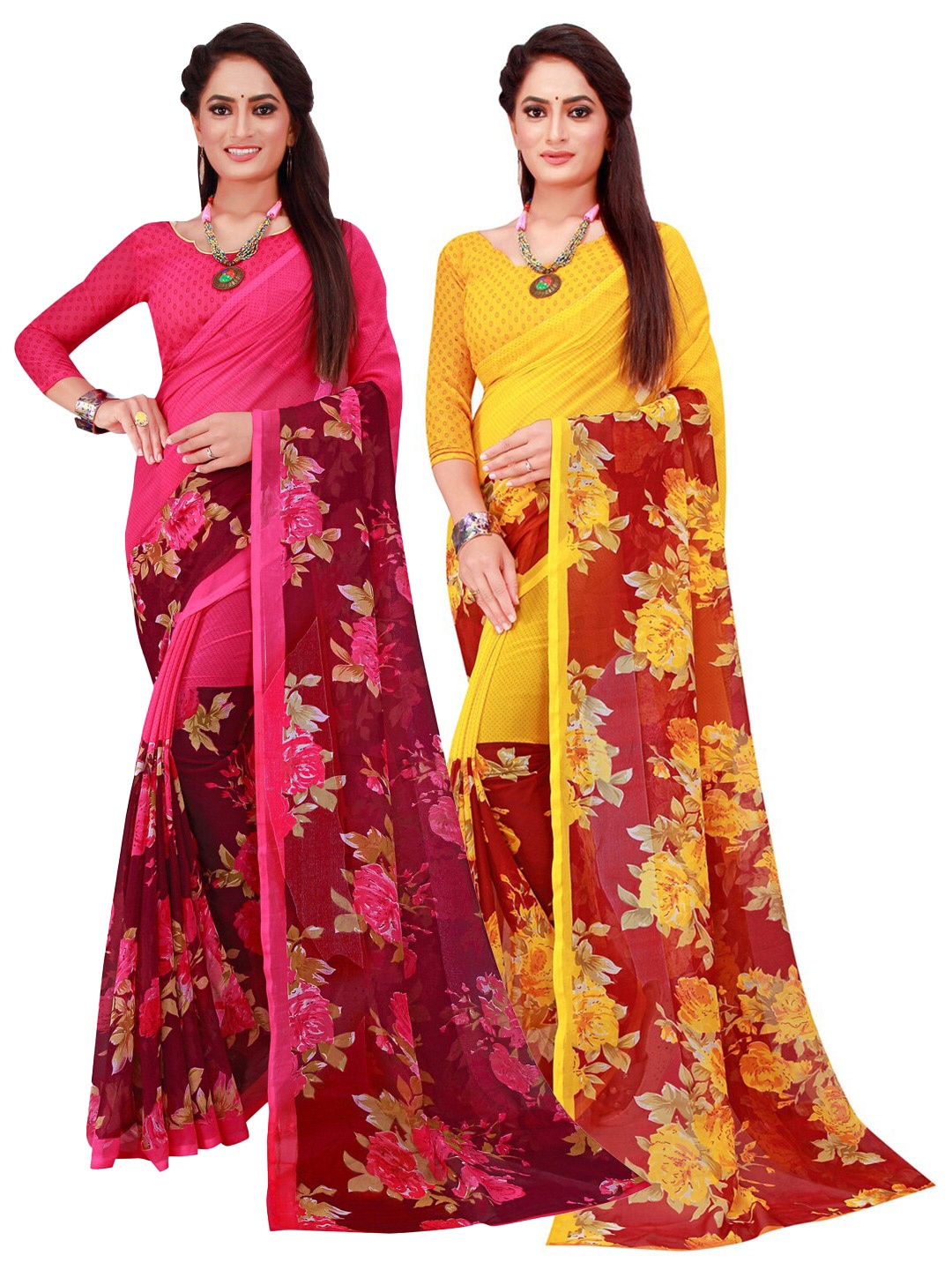 

SAADHVI Magenta & Maroon Printed Pure Georgette Saree Pack Of 2