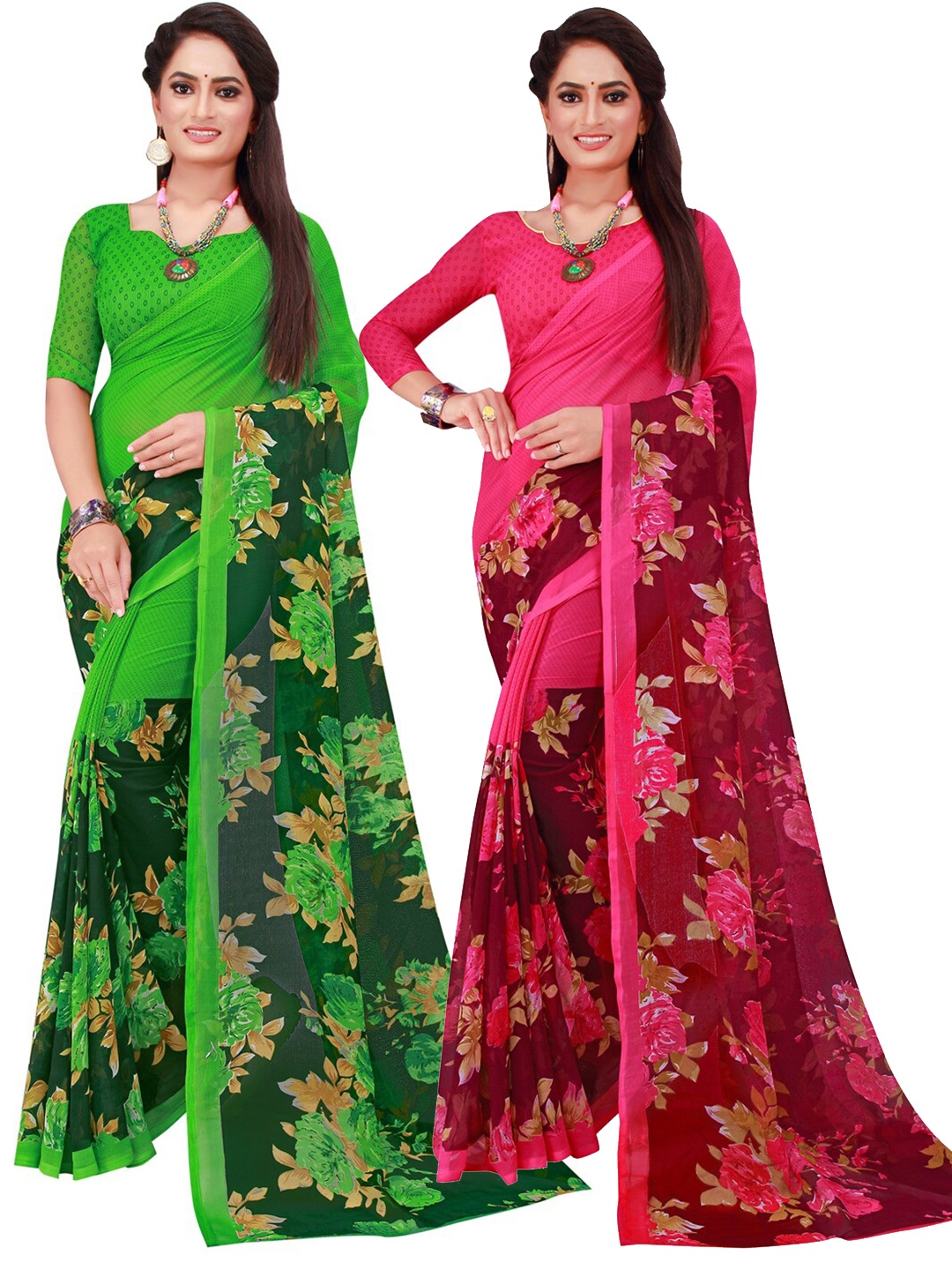 

SAADHVI Pack of 2 Magenta & Green Floral Printed Pure Georgette Saree