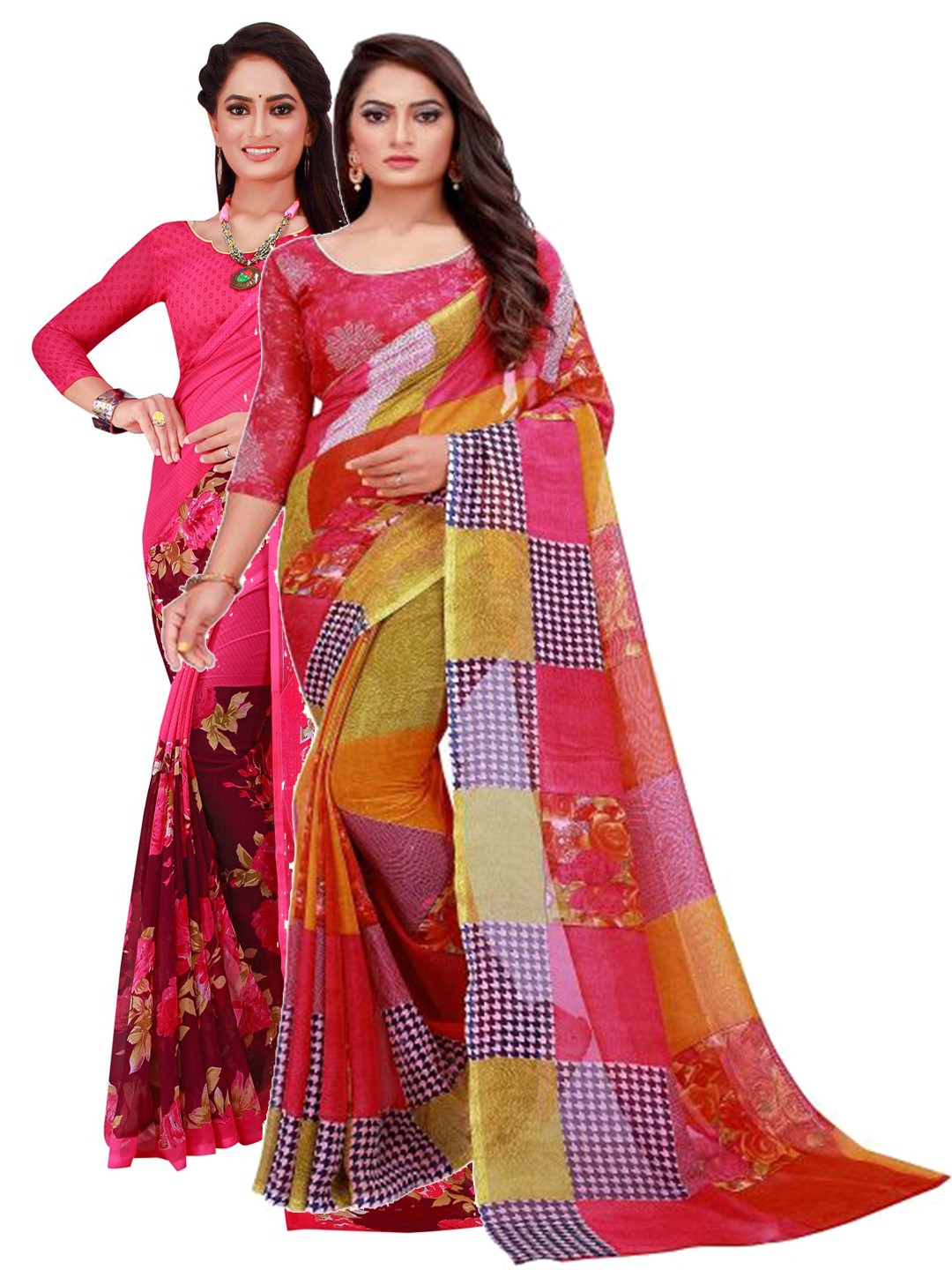 

SAADHVI Pack Of 2 Red & Magenta Floral Pure Georgette Saree