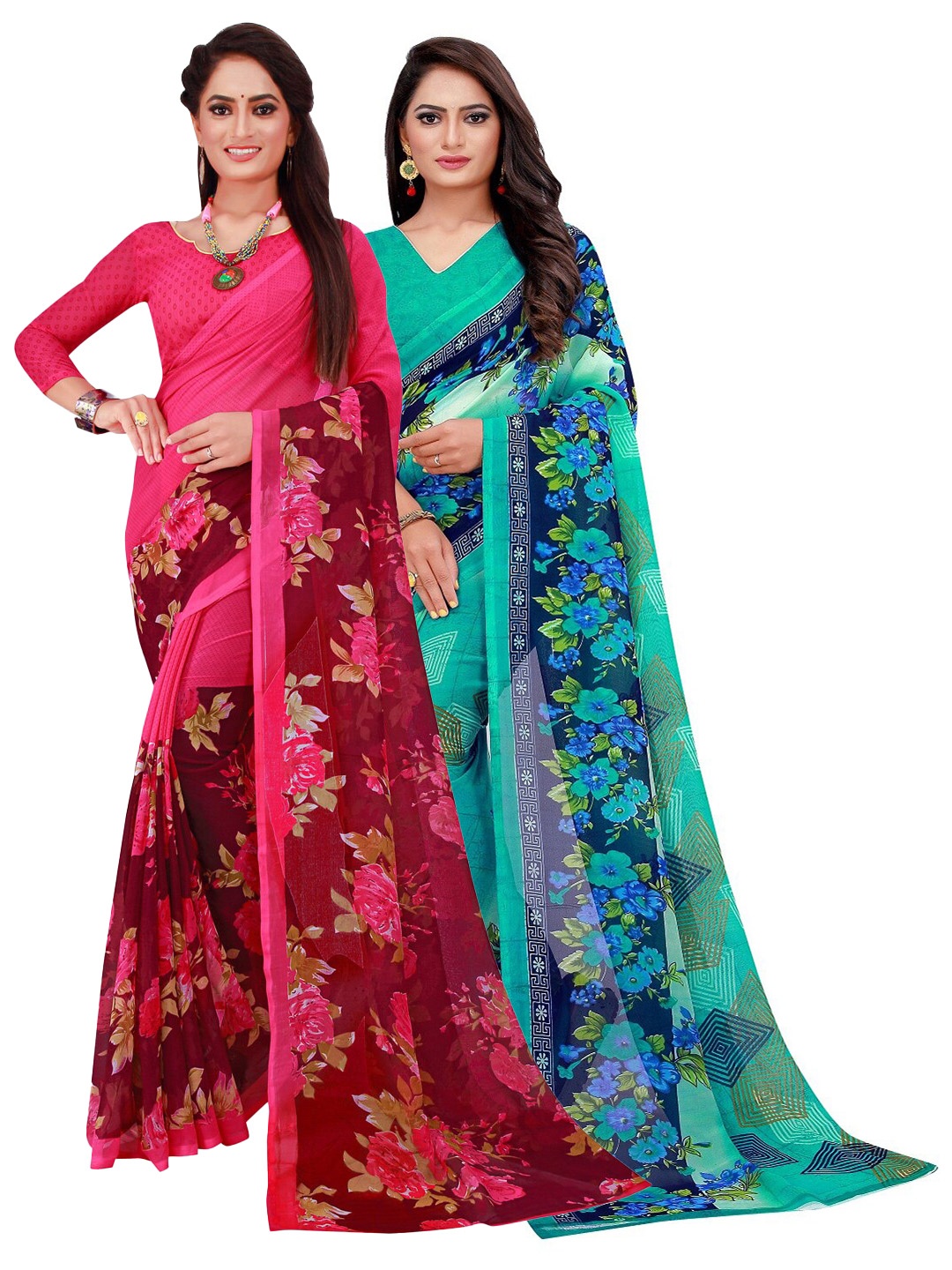 

SAADHVI Set Of 2 Turquoise Blue & Magenta Floral Pure Georgette Saree