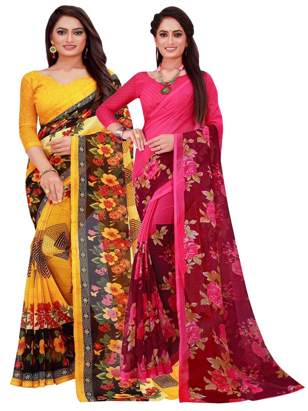 

SAADHVI Pack Of 2 Yellow & Magenta Pure Georgette Saree
