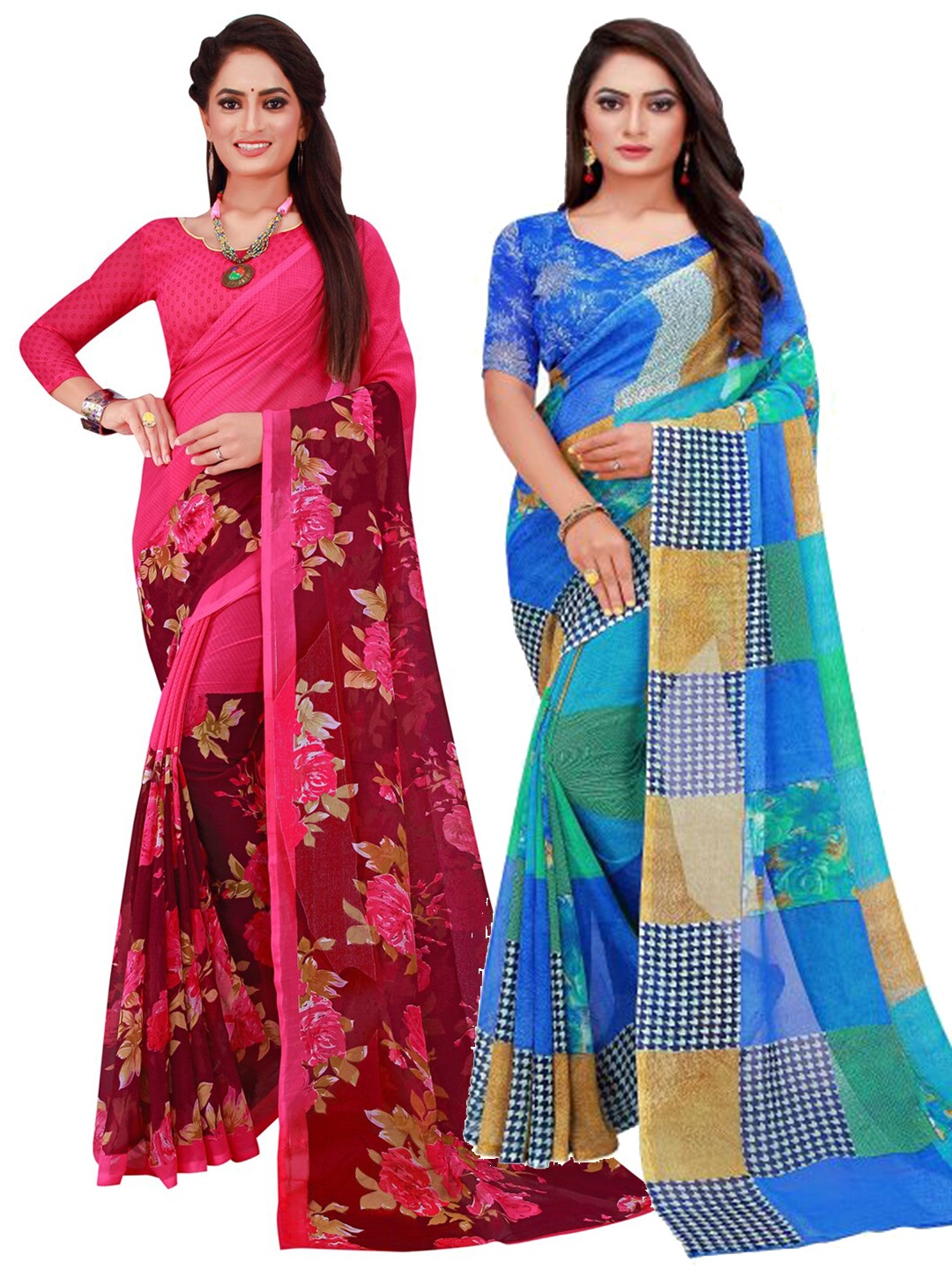 

SAADHVI Pack of 2 Blue & Magenta Floral Pure Georgette Sarees