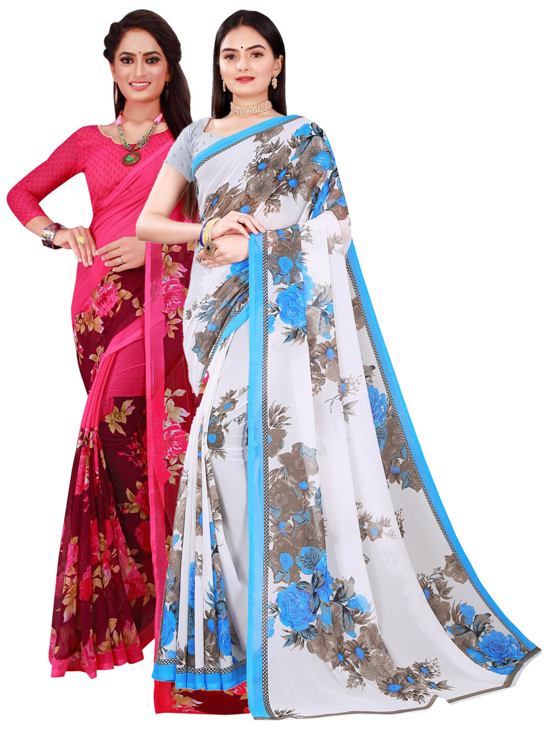 

SAADHVI Magenta & White Set Of 2 Floral Pure Georgette Saree