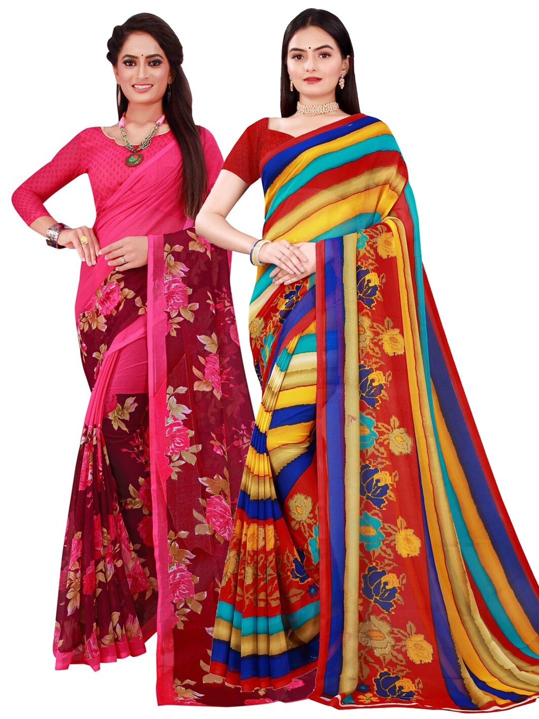 

SAADHVI Magenta & Yellow Striped Printed Pure Georgette Saree Pack Of 2