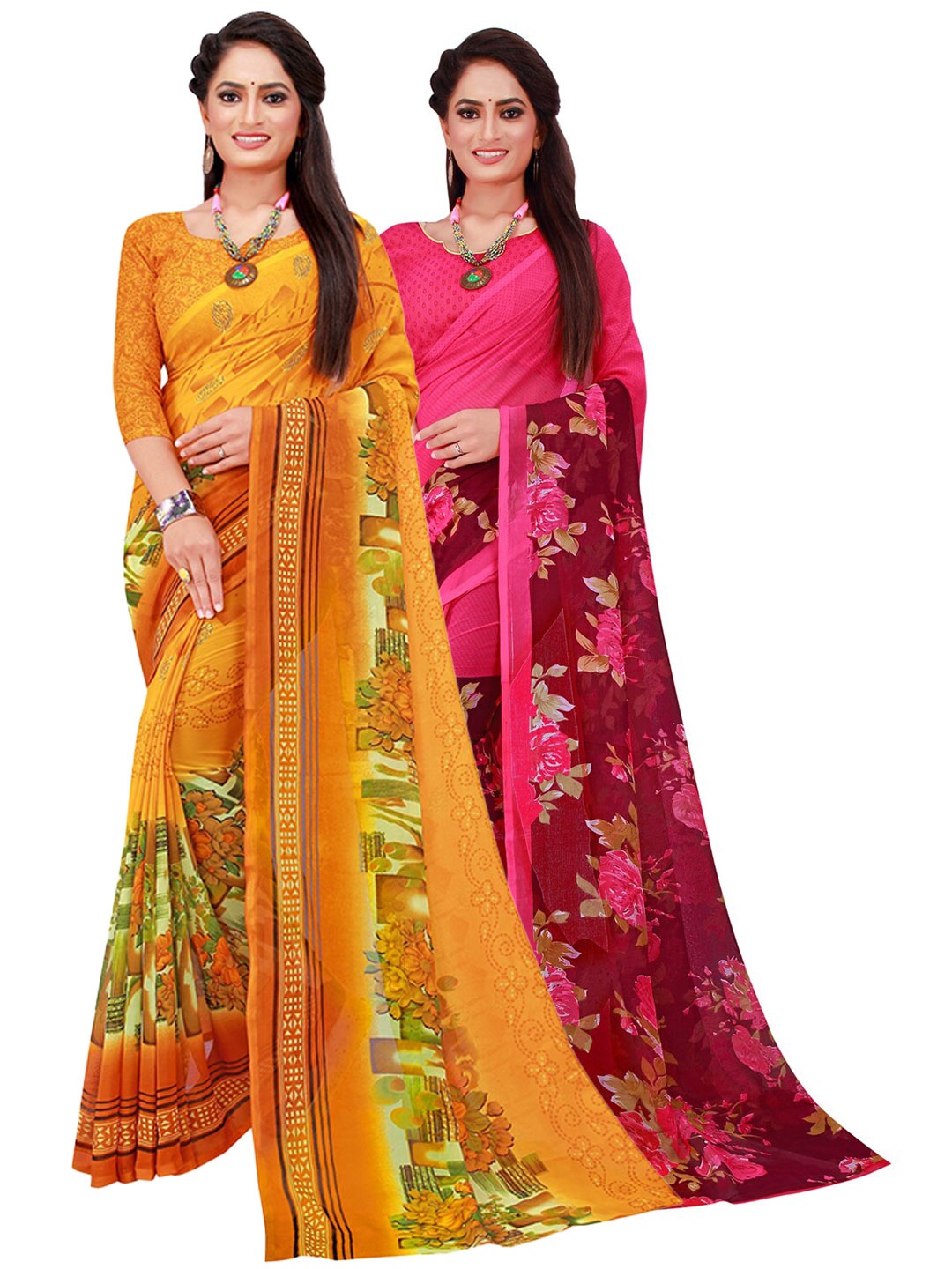 

SAADHVI Magenta & Yellow Printed Pure Georgette Saree Pack Of 2