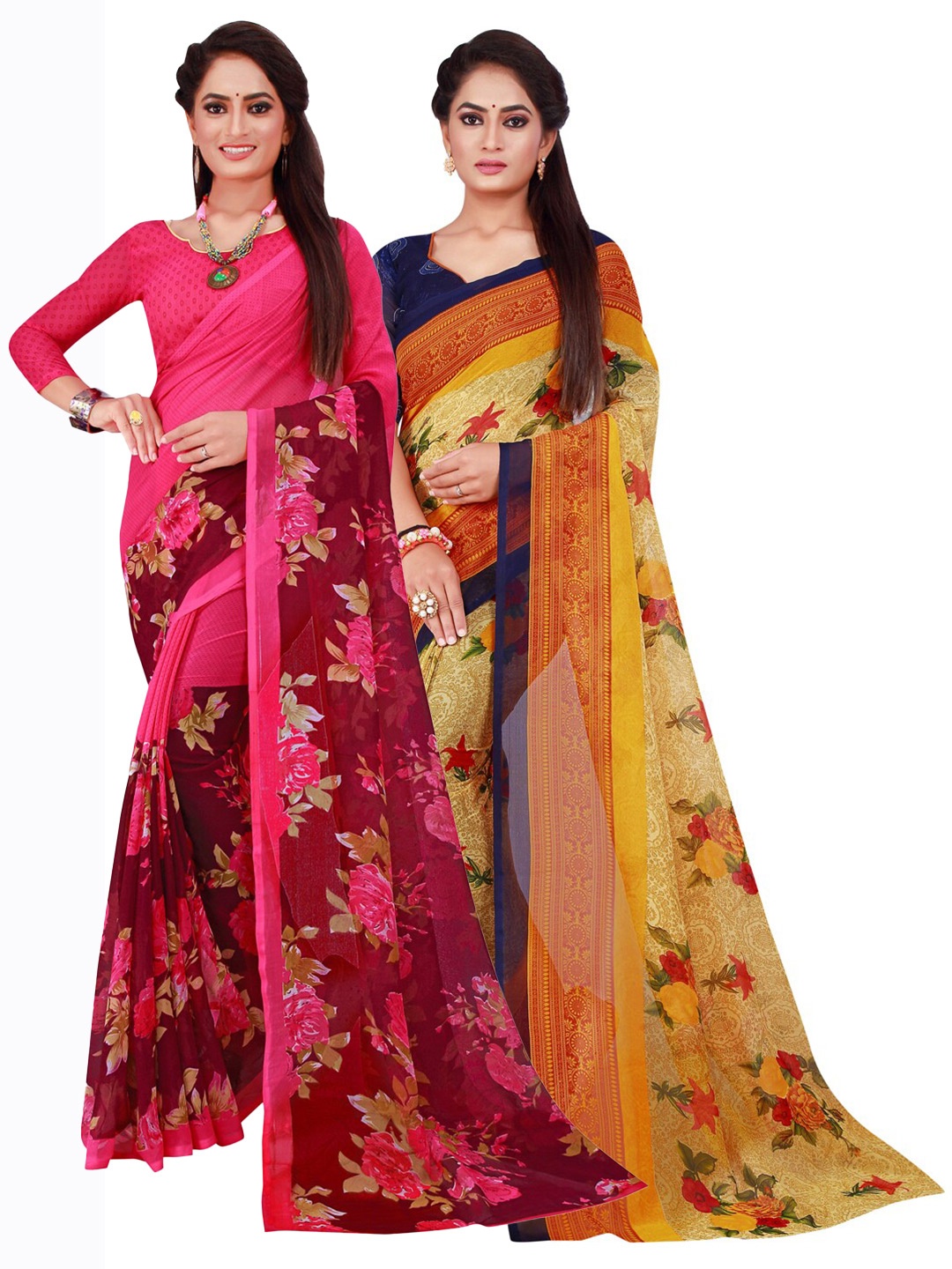 

SAADHVI Pack Of 2 Magenta & Beige Floral Pure Georgette Saree