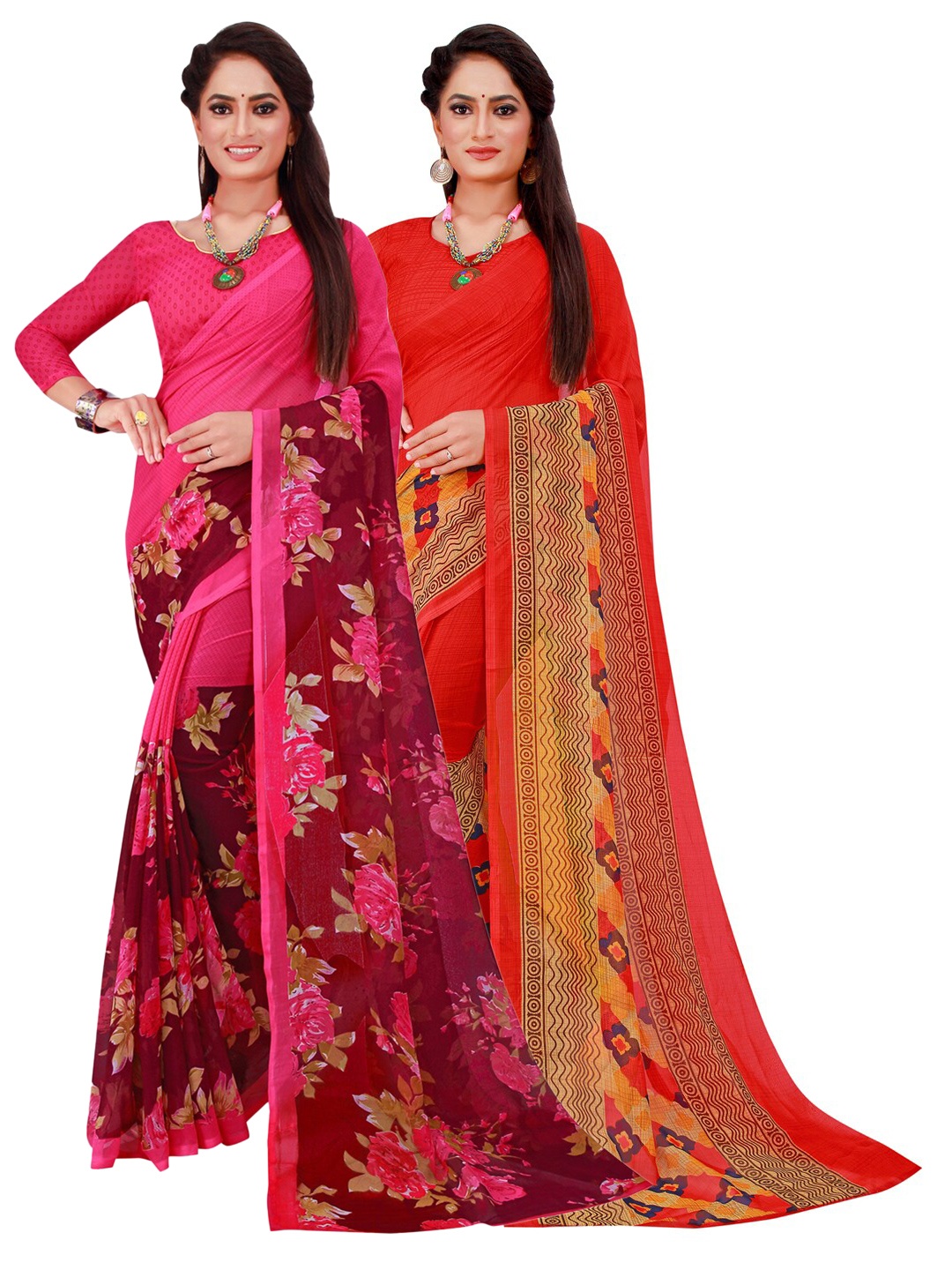 

SAADHVI Pack of 2 Red & Magenta Floral Pure Georgette Sarees