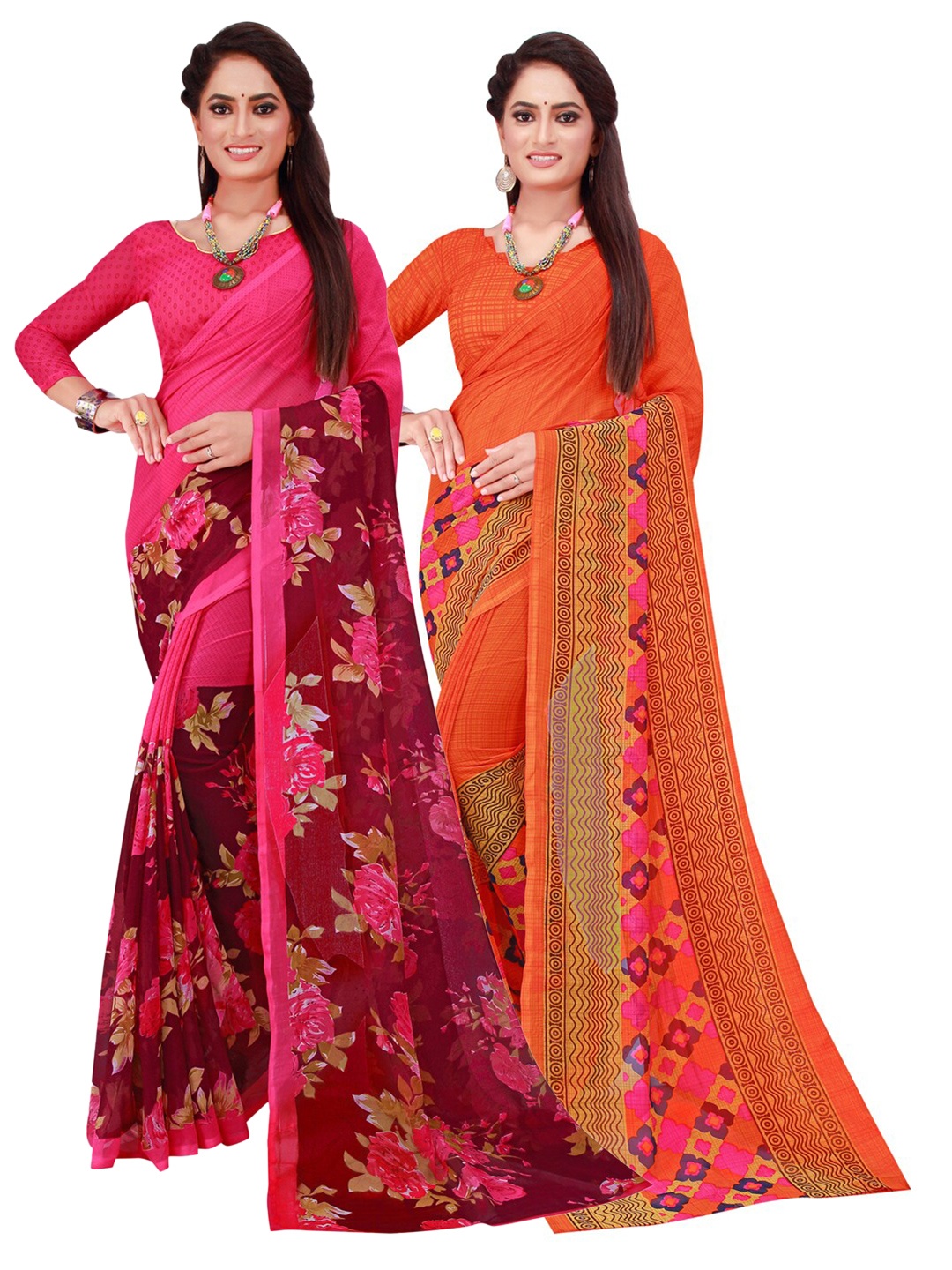 

SAADHVI Orange & Magenta Printed Pure Georgette Saree Pack Of 2